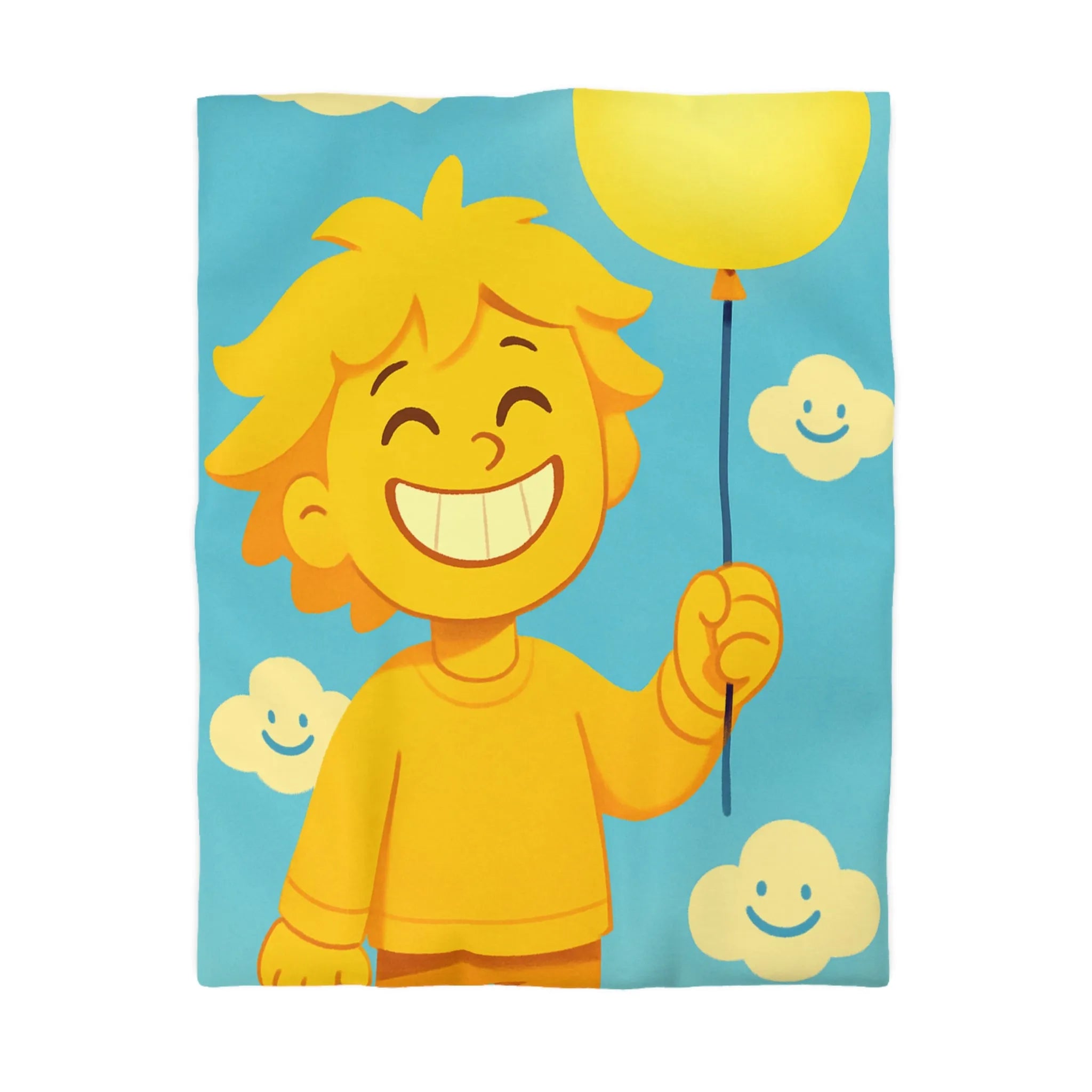 Housse de Couette Enfantine avec Ballon et Nuages Sourires dans Tons Jaunes et Bleus