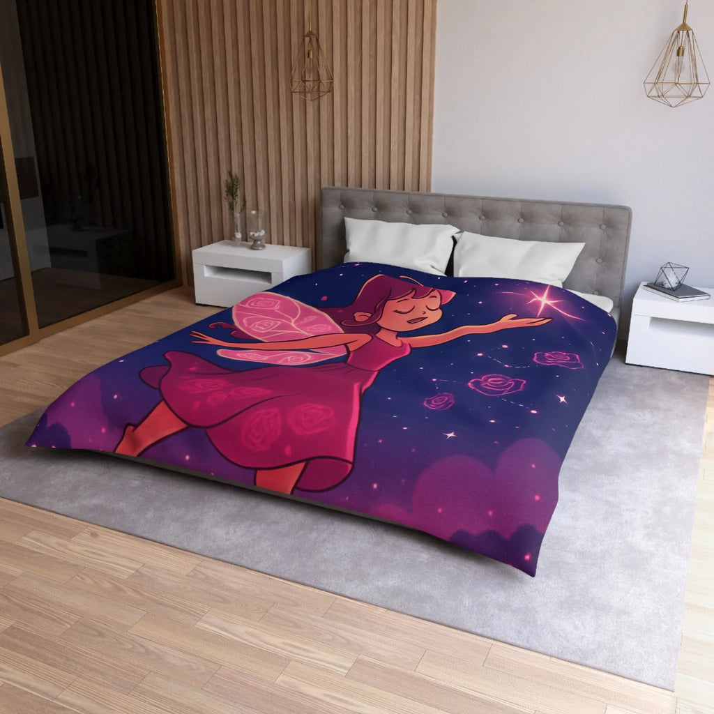 Enchanting Fairy with Wings and Glowing Roses under a Starry Night Sky