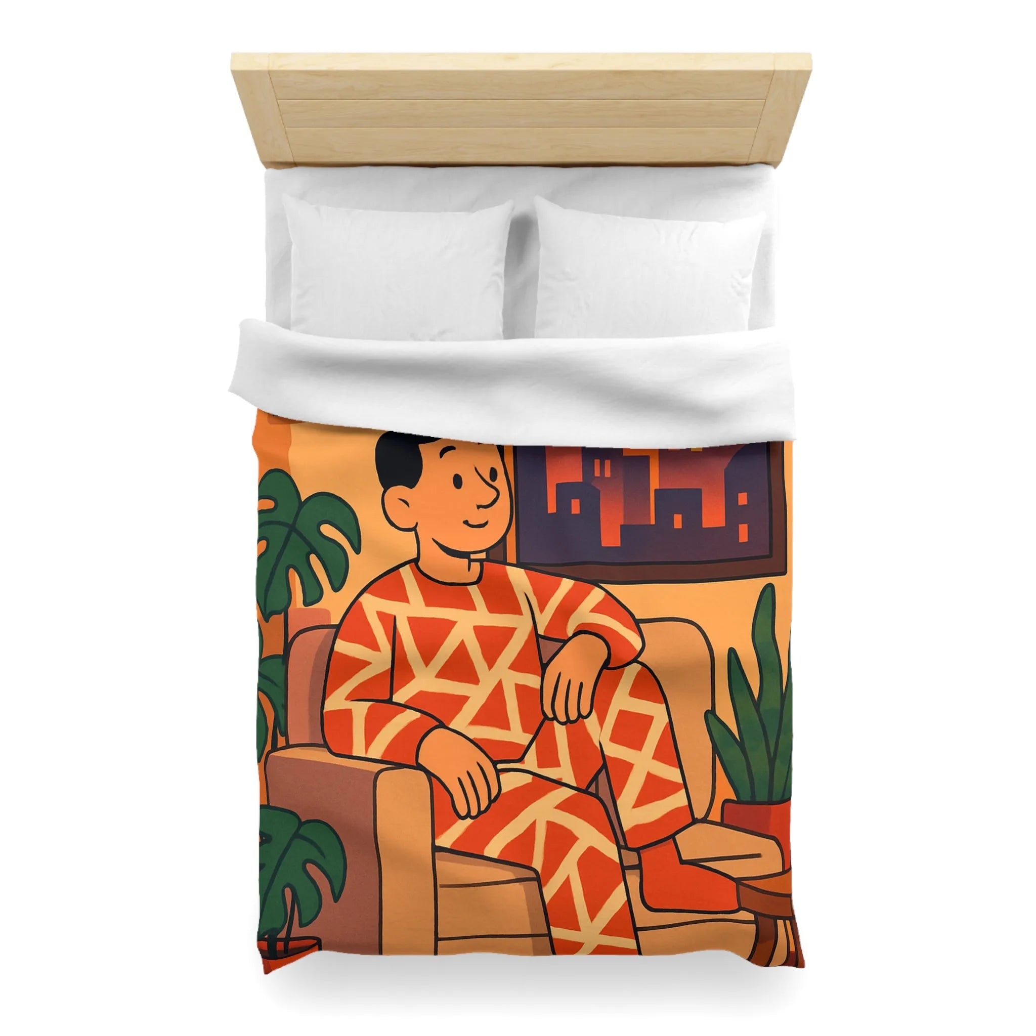 Housse de couette aux motifs géométriques avec scène de coucher de soleil en ville