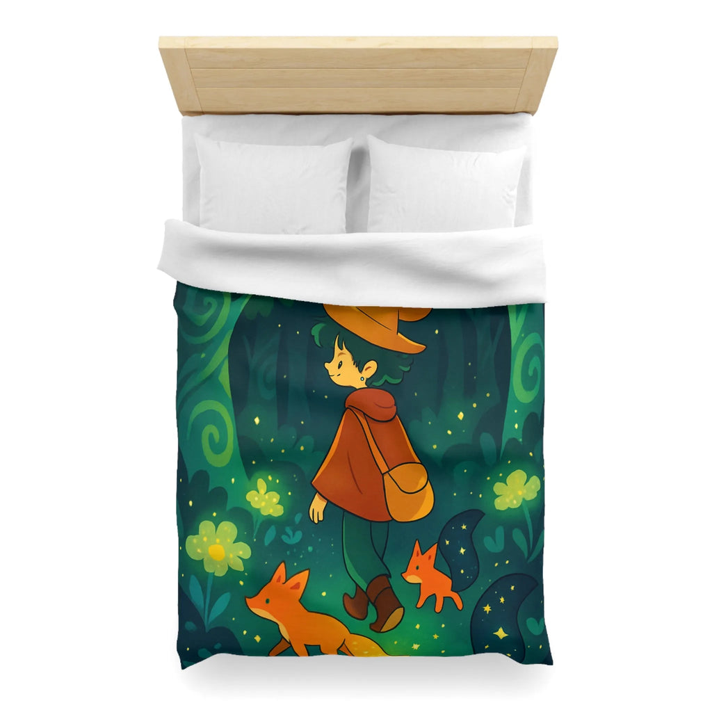 Housse de Couette Forêt Enchantée Enfants Renards Orange Jaune Vert Fantaisie Nuit