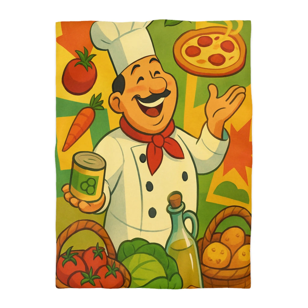Housse de Couette Illustrée de Chef Heureux avec légumes et Pizza Méditerranéenne Colorée