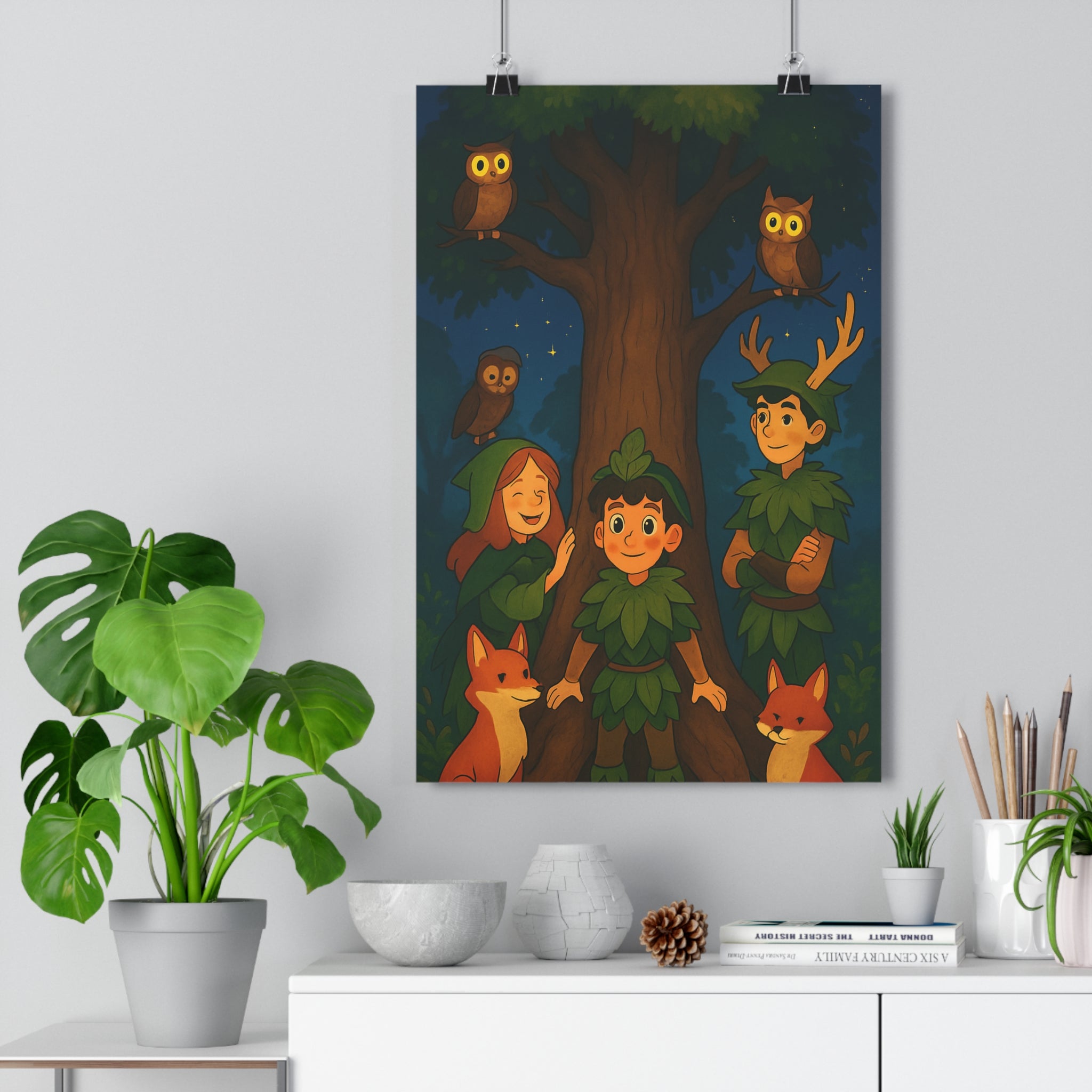 Poster décoratif nature magique vert marron enfants chambre aventurier animaux forêt scène fantaisie 30x46