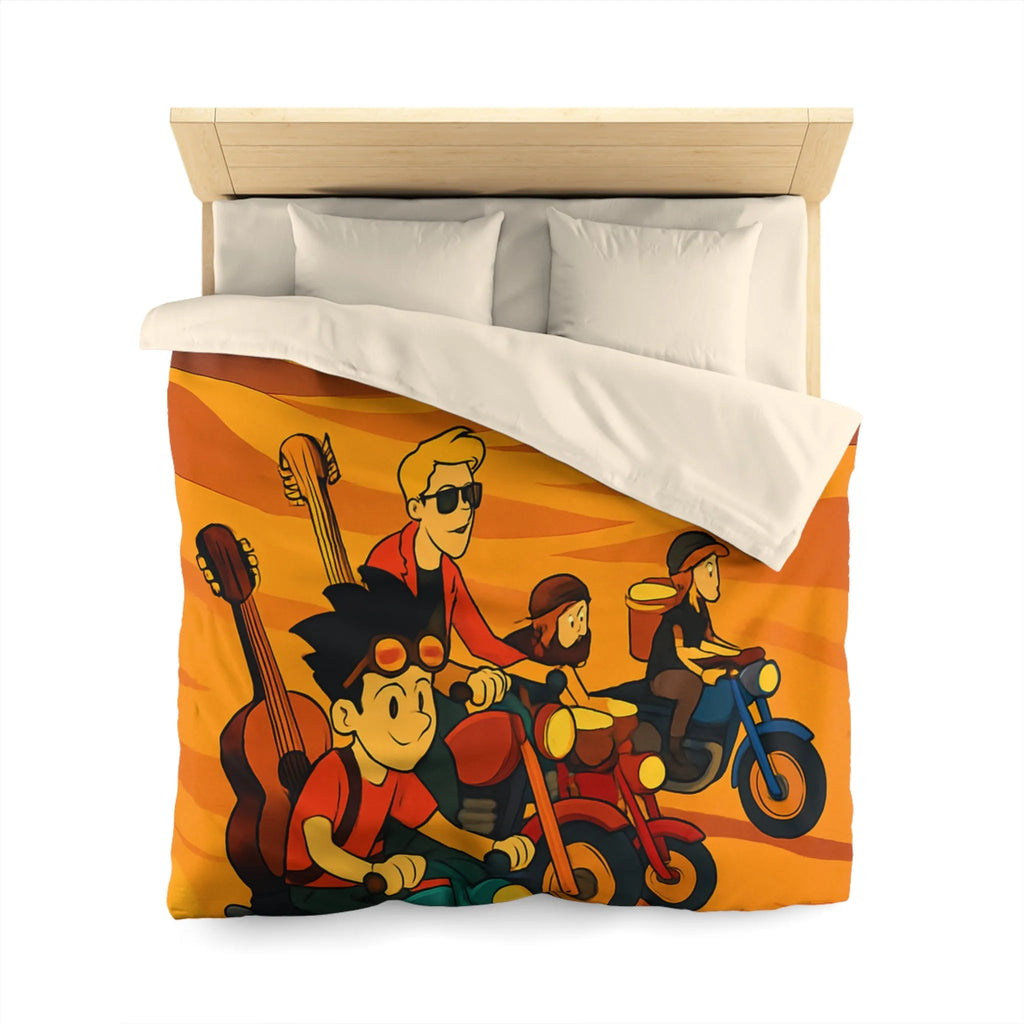 Housse de couette avec aventuriers à moto dans désert vibrant pour chambre unique