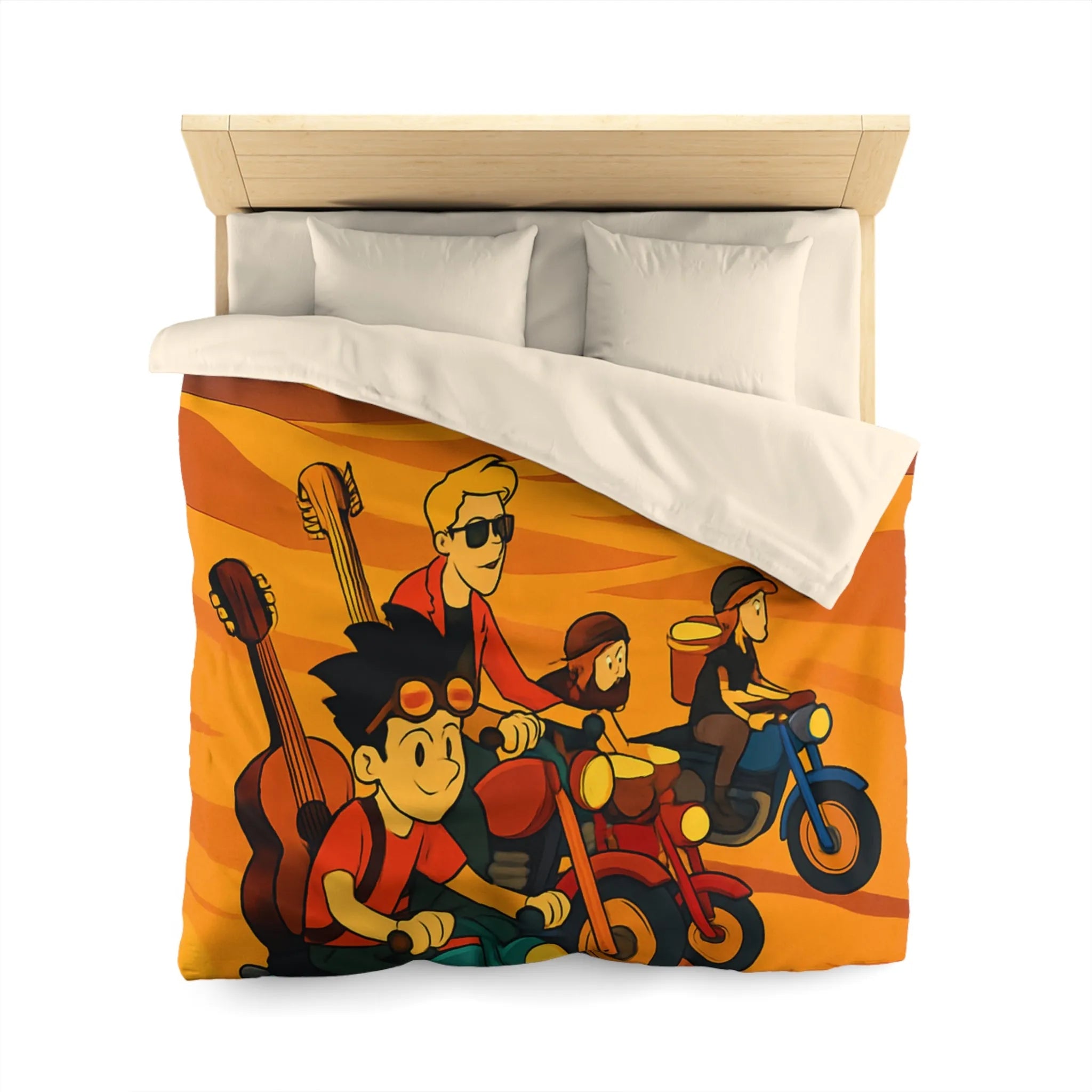 Housse de couette avec aventuriers à moto dans désert vibrant pour chambre unique