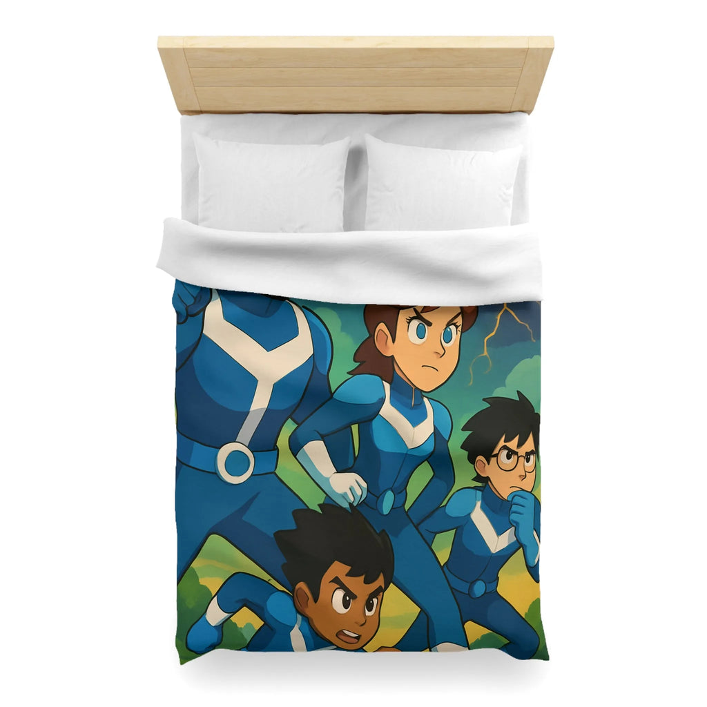 Housse de couette aventure : personnages animés et ciel orageux captivant pour chambre dynamique