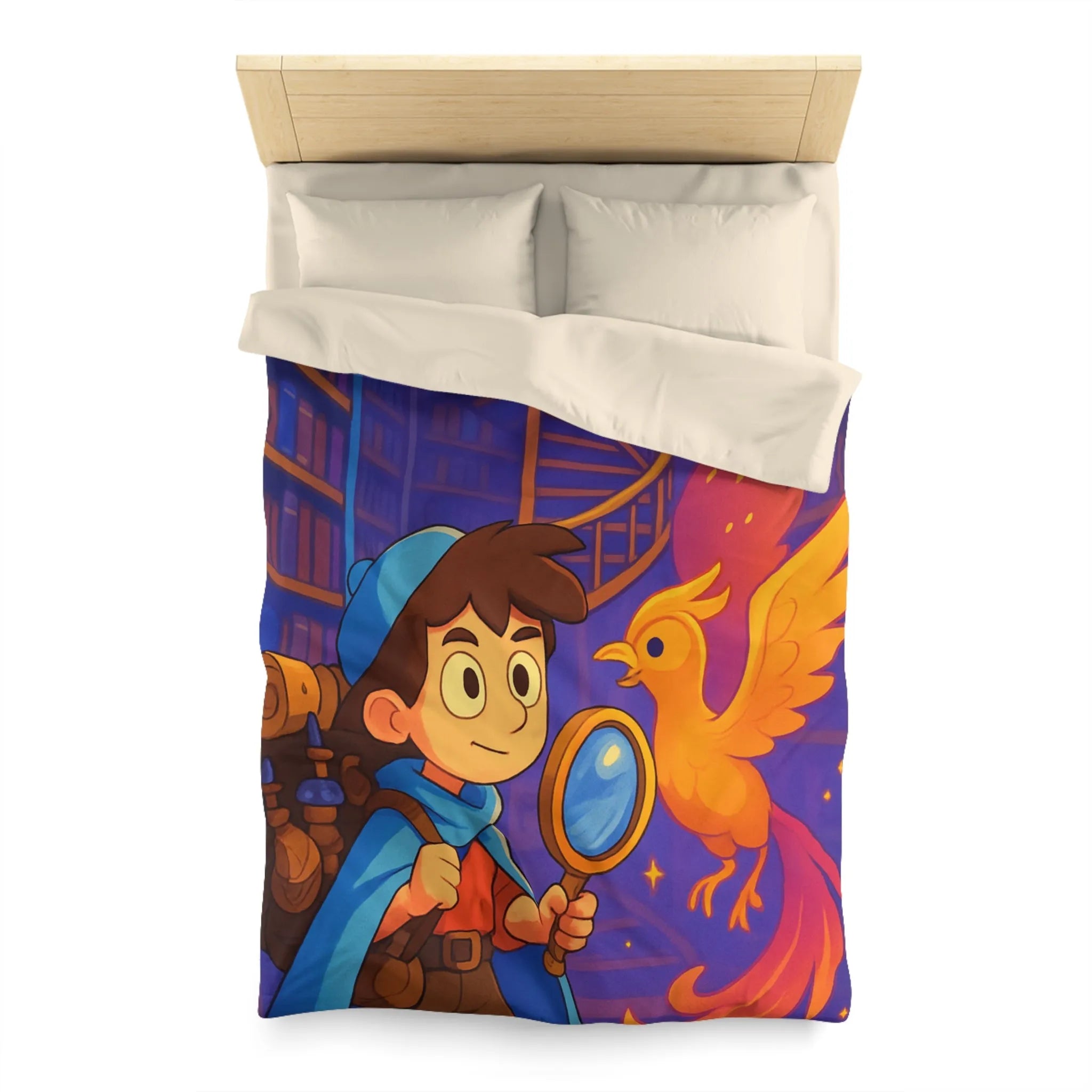 Housse de couette magique avec détective et phénix dans une bibliothèque enchanteresse