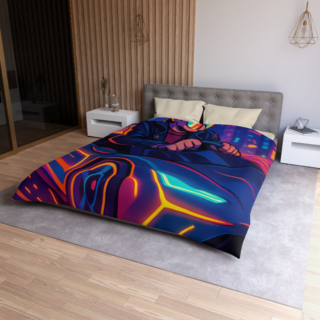 Housse de couette urbaine rétro futuriste avec néons et voiture sportive élégante