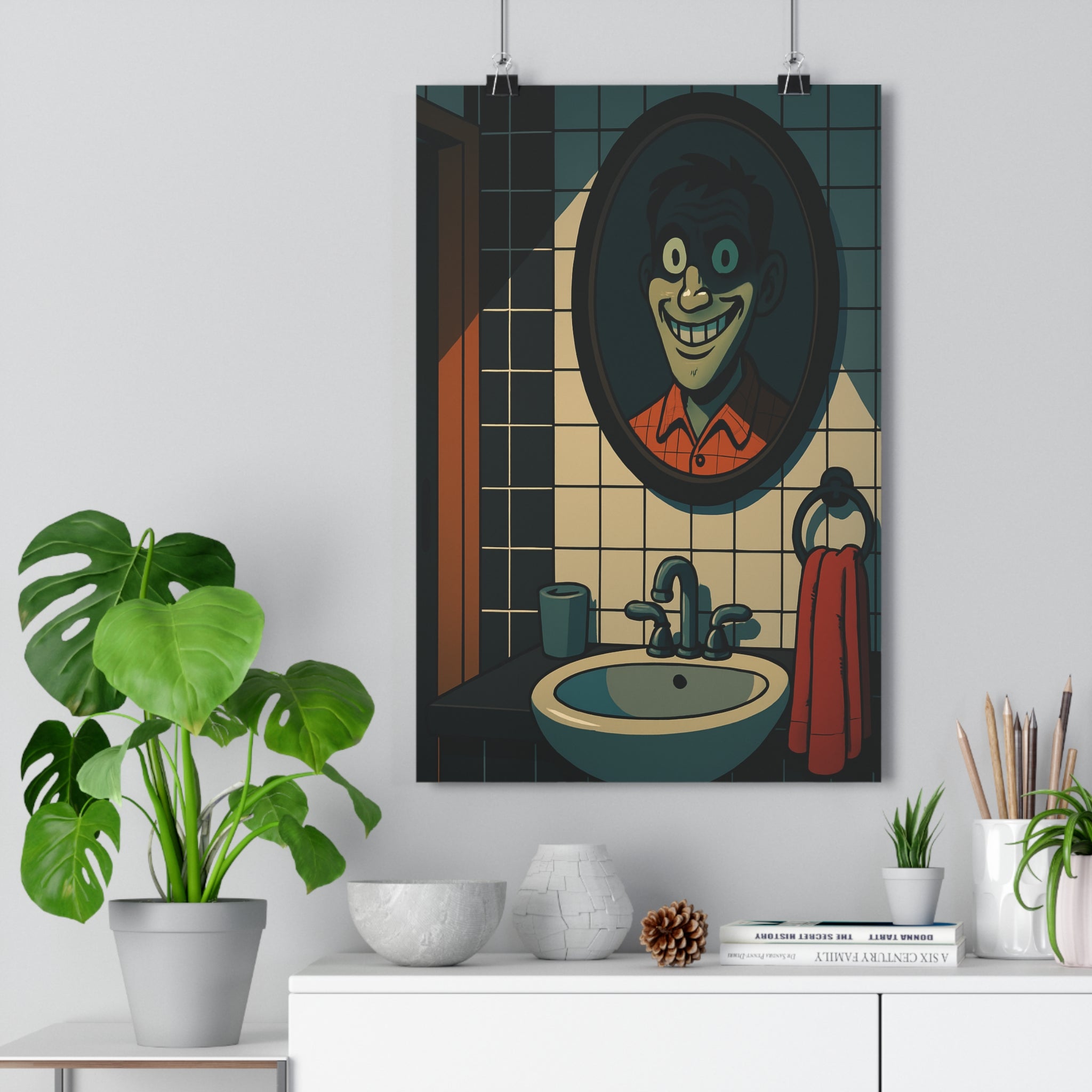 Poster décoratif cartoon psychédélique sombre miroir salle de bain mystique personnage énigmatique art unique