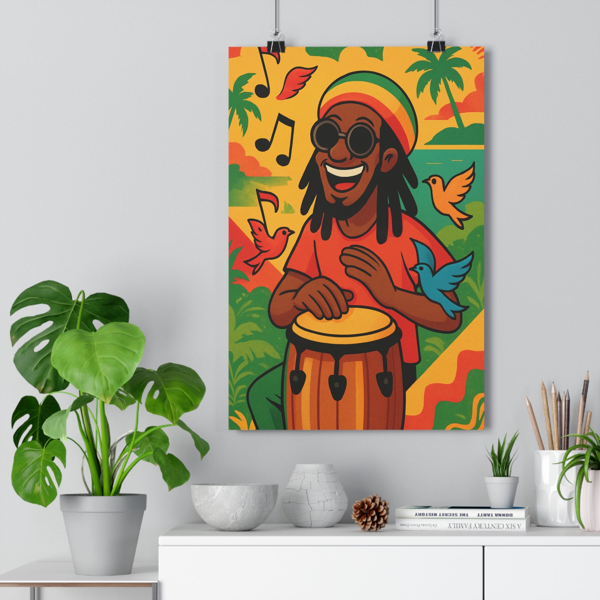 Poster décoratif cartoon rouge jaune vert tropical joyeux salon bureau chambre vibrant unique qualité