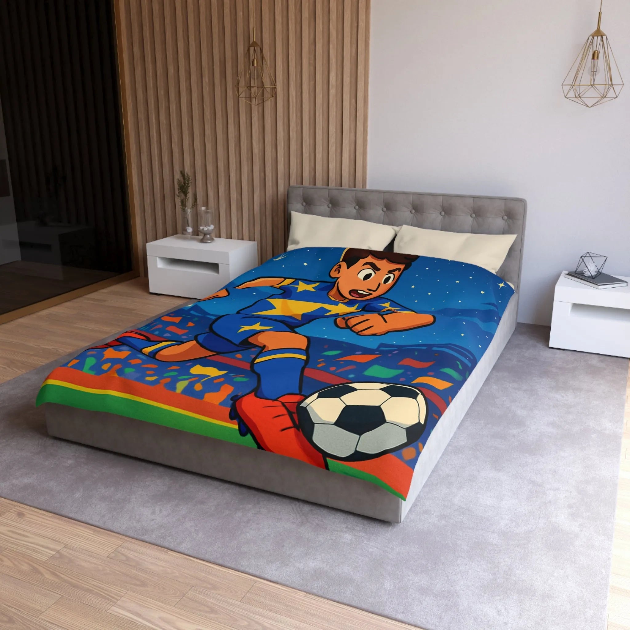 Housse de couette colorée avec joueur de football en action sous ciel étoilé