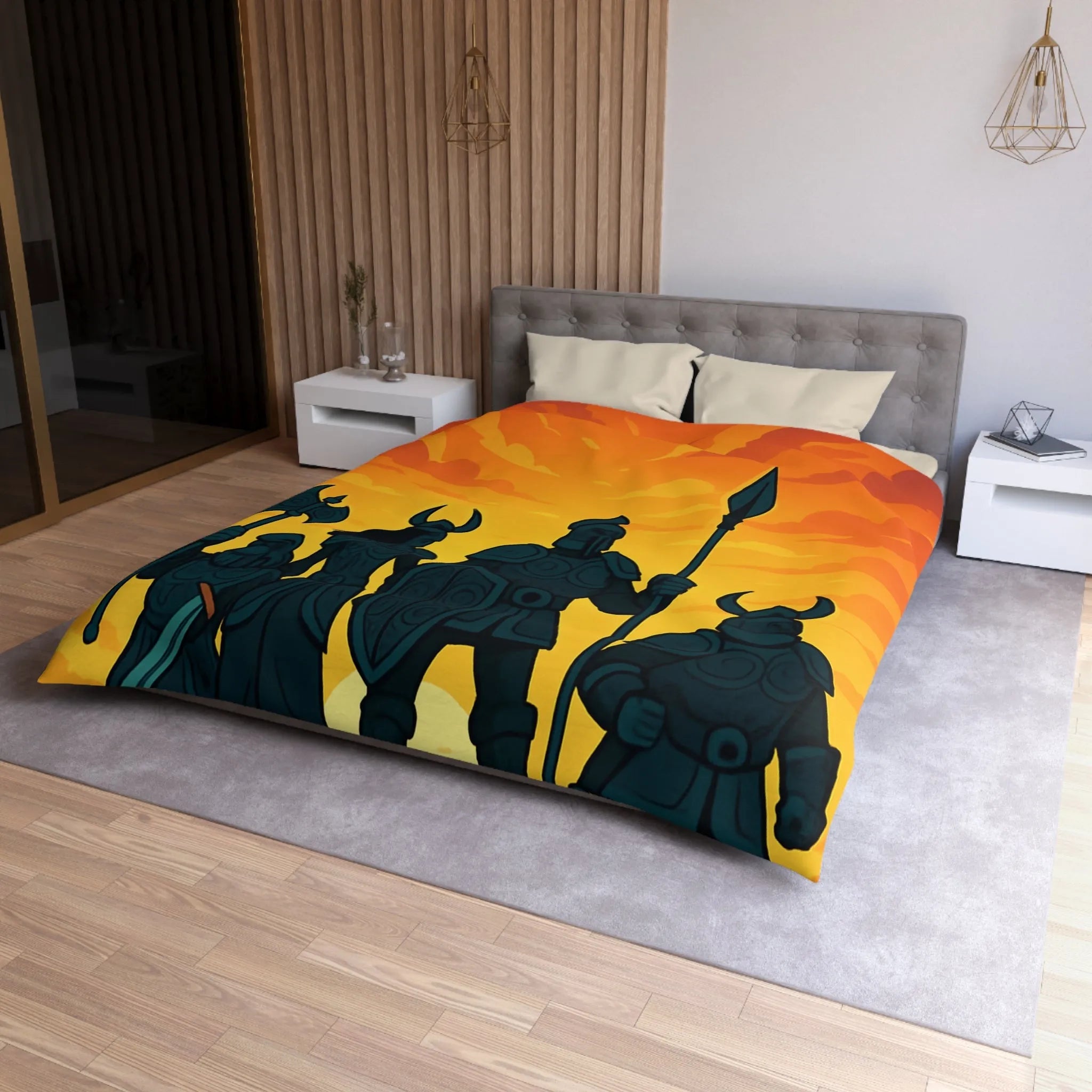 Housse de couette épique avec guerriers sous ciel flamboyant pour décoration médiévale