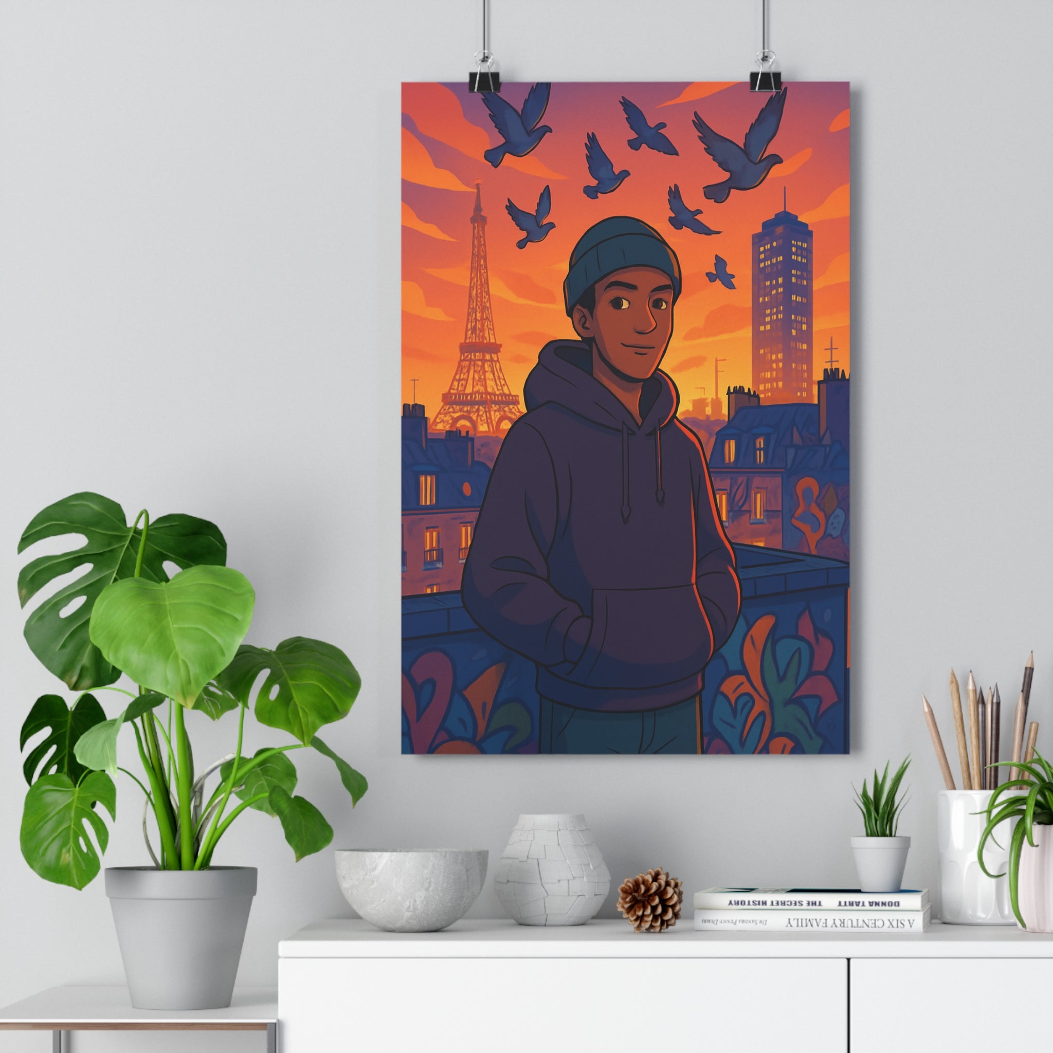 Poster décoratif moderne vibrant orange paris urbain jeune homme chambre salon design contemporain stylisé