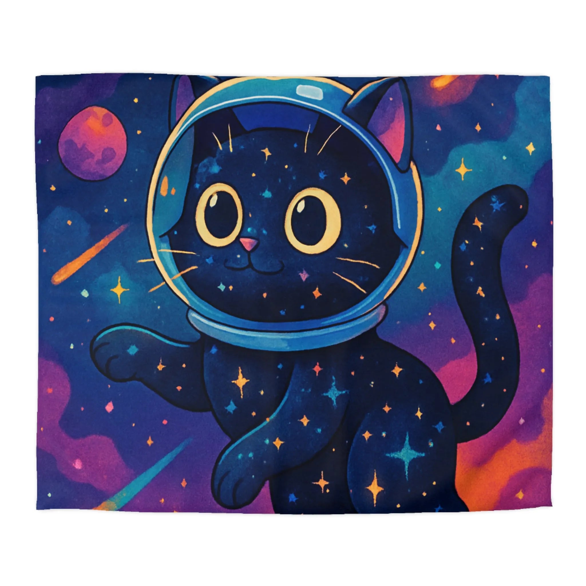 Housse de couette chat cosmique dans l’espace avec étoiles et planètes colorées