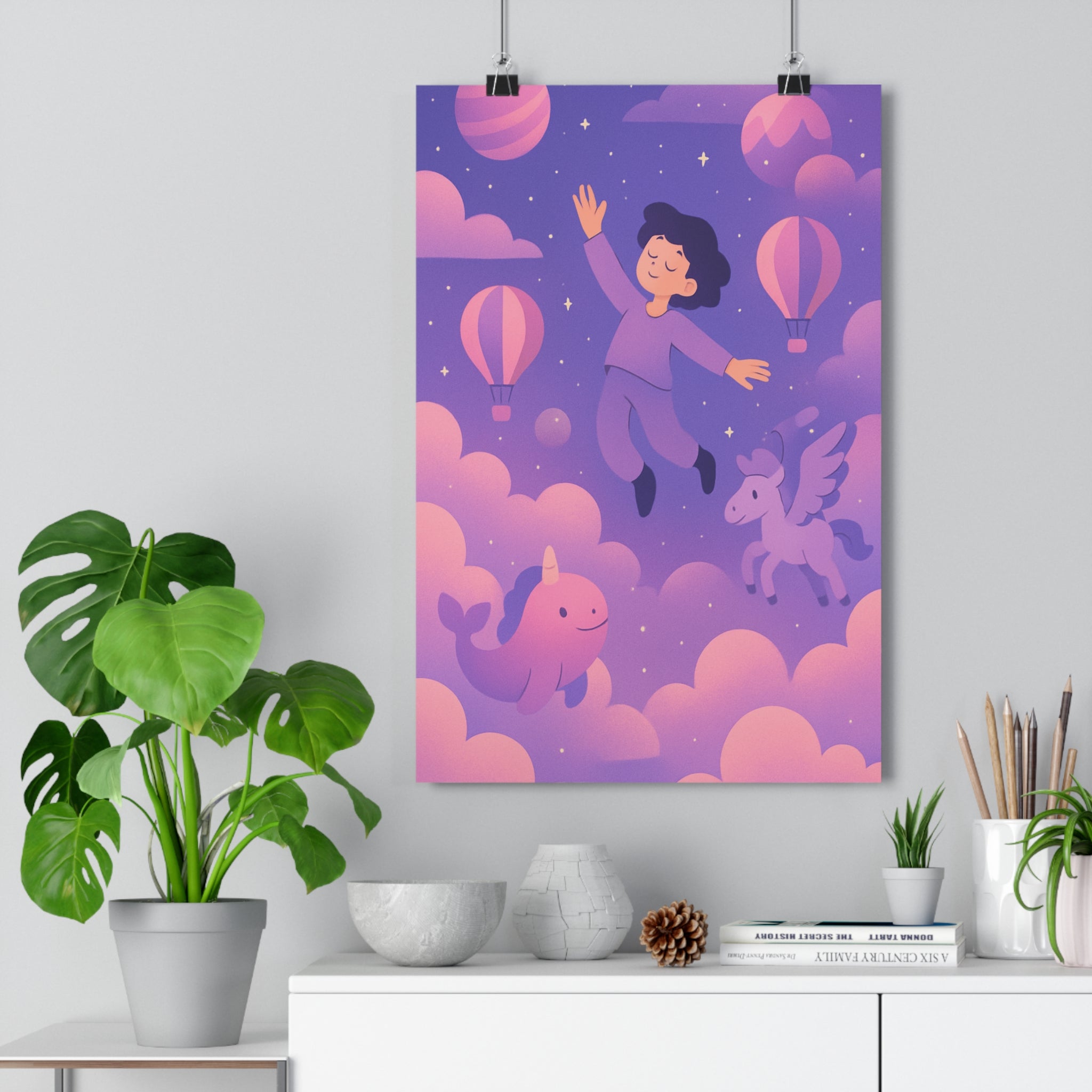 Poster décoratif ambiance surréaliste rose violet enfant chambre rêve créatures fantastiques magie format 30x46