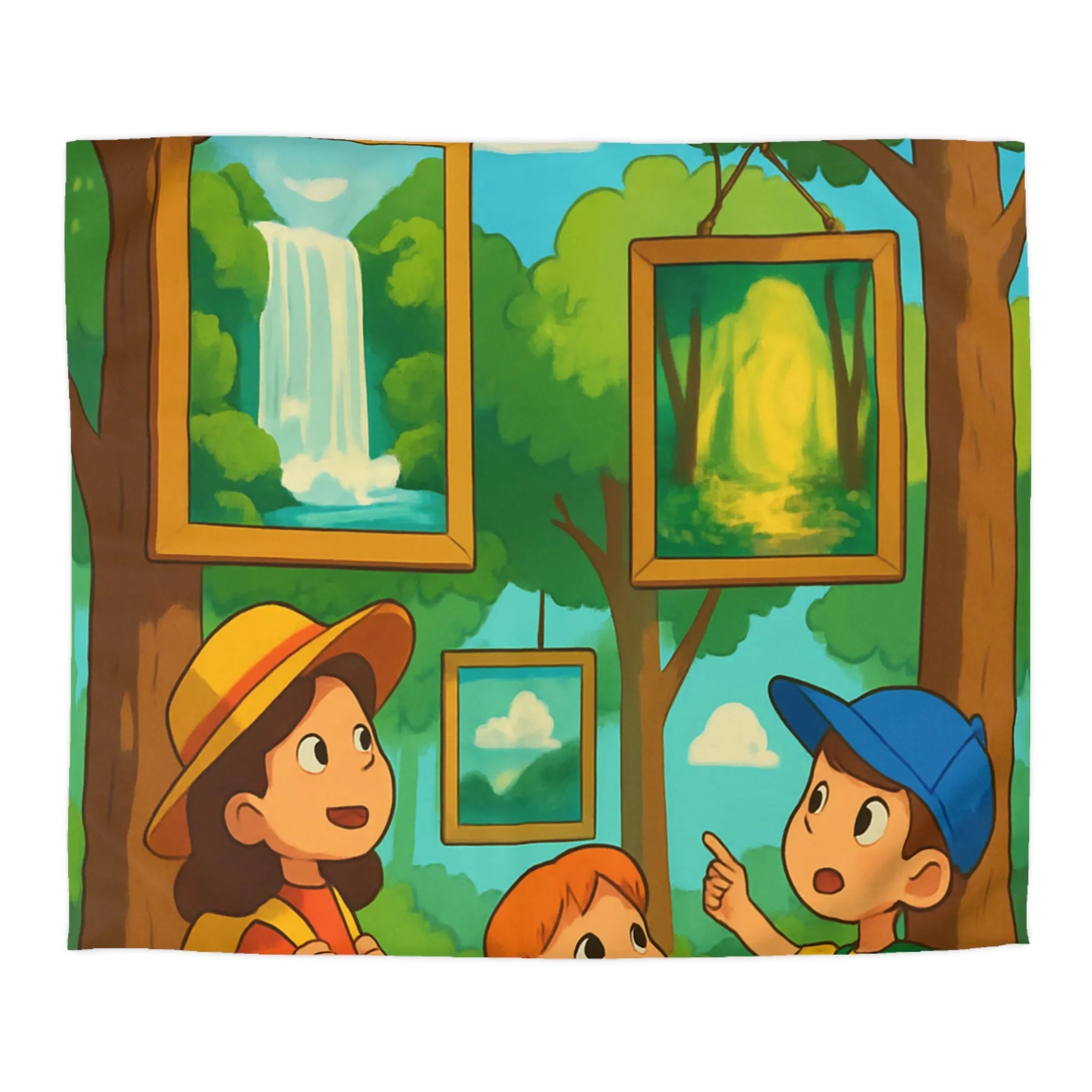 Housse de couette enfantine avec scène de forêt, cascades et exploration nature féérique