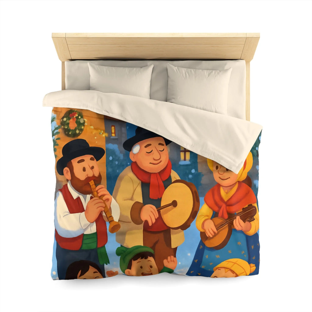 Housse de couette festive avec village enneigé et musiciens pendant l’hiver joyeux