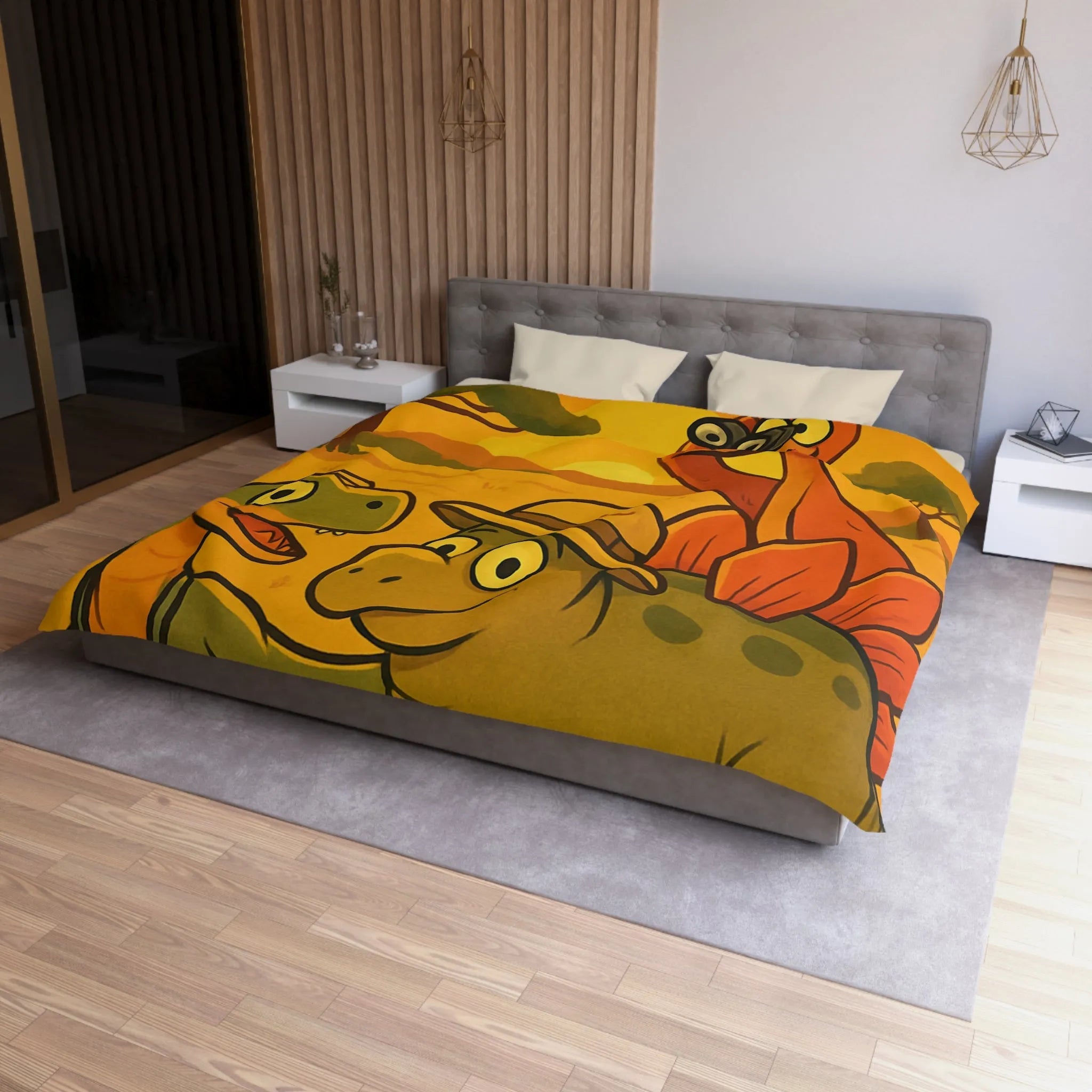 Housse de couette enfant illustrée dinosaures amusants safari coucher de soleil savane jungle