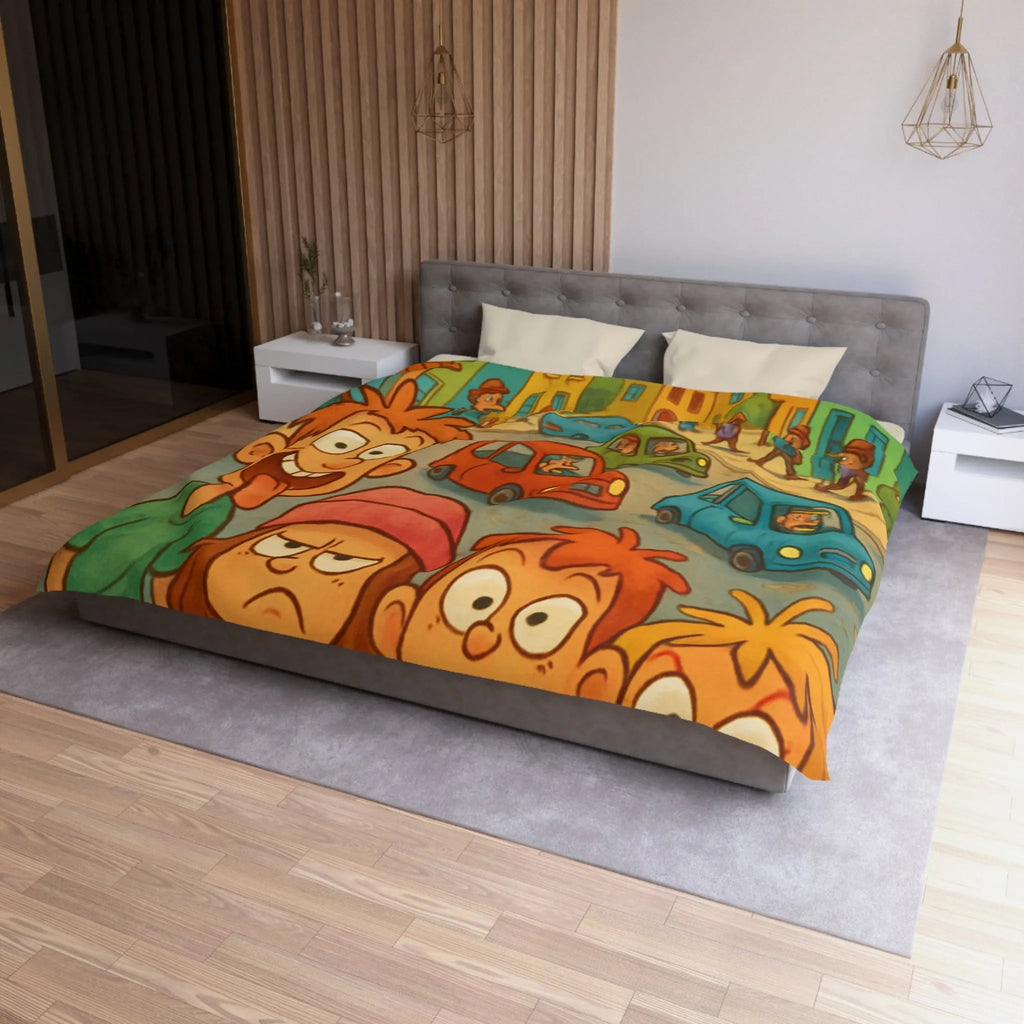 Housse de couette enfants joyeuse ville animée avec personnages colorés et expressions vives