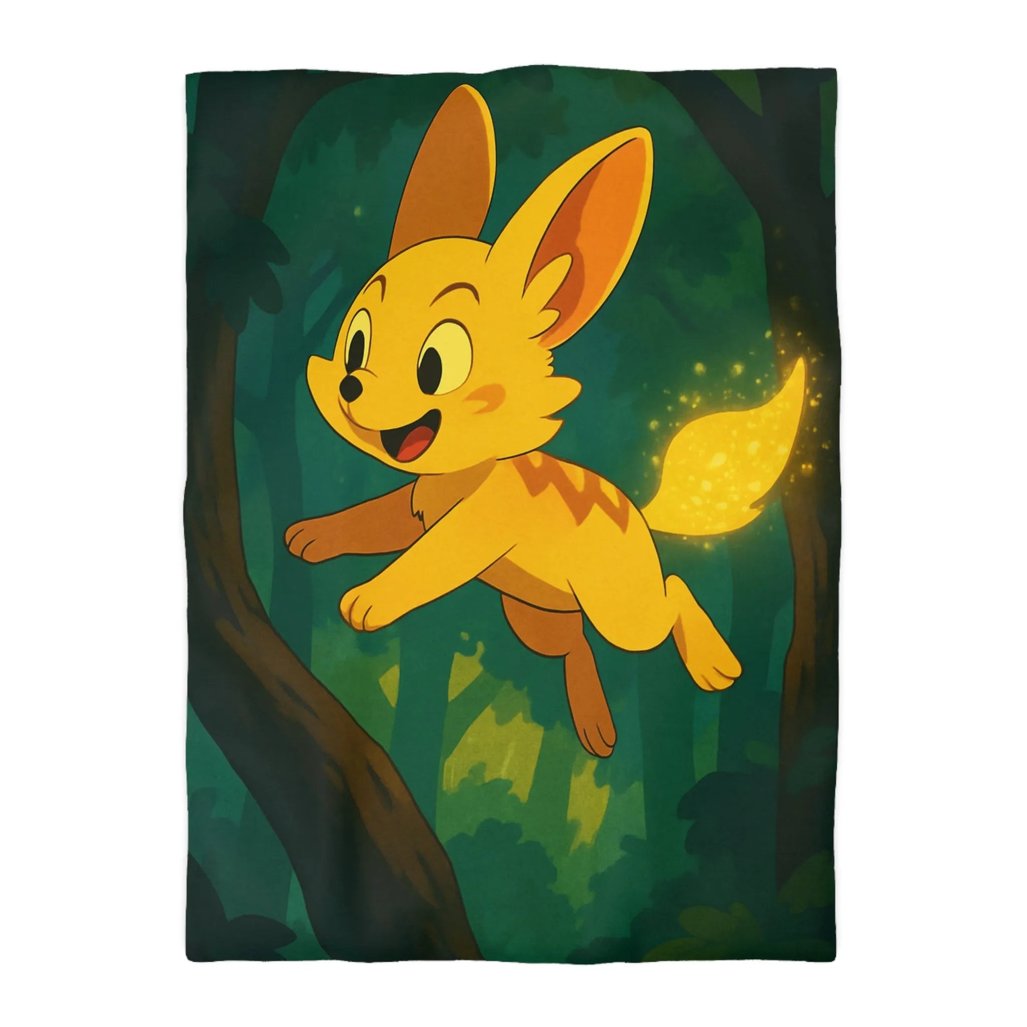 Housse de couette forêt féérique avec créature magique jaune sautant joyeusement à travers les arbres