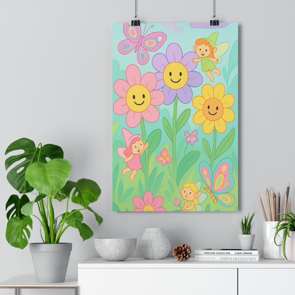 Poster décoratif cartoon enchanté rose violet jaune féerique joyeux enfant chambre fées jardin magique