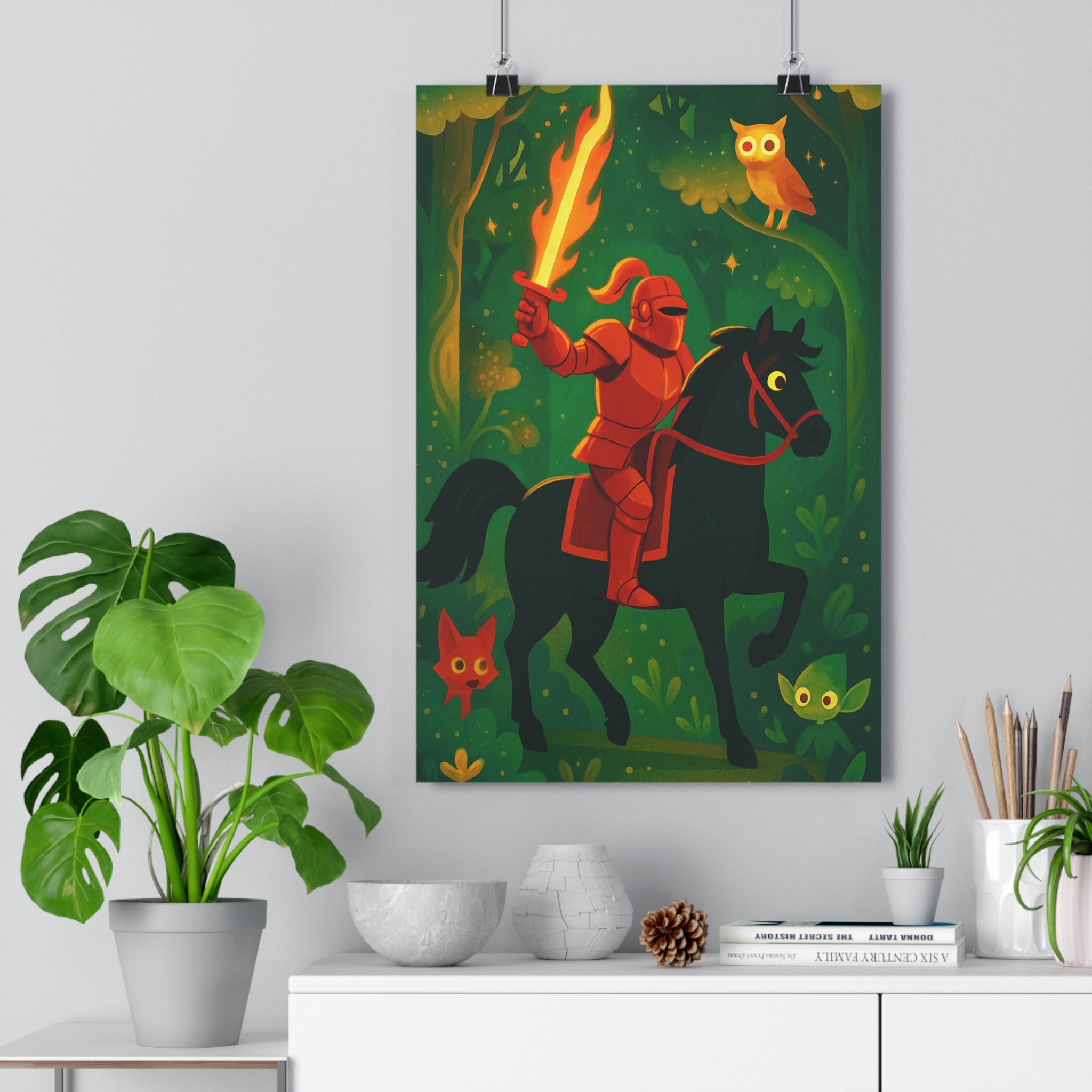 Poster décoratif chevalier écarlate forêt mystique cheval noir épée flamboyante ambiance captivante sublime enchantement