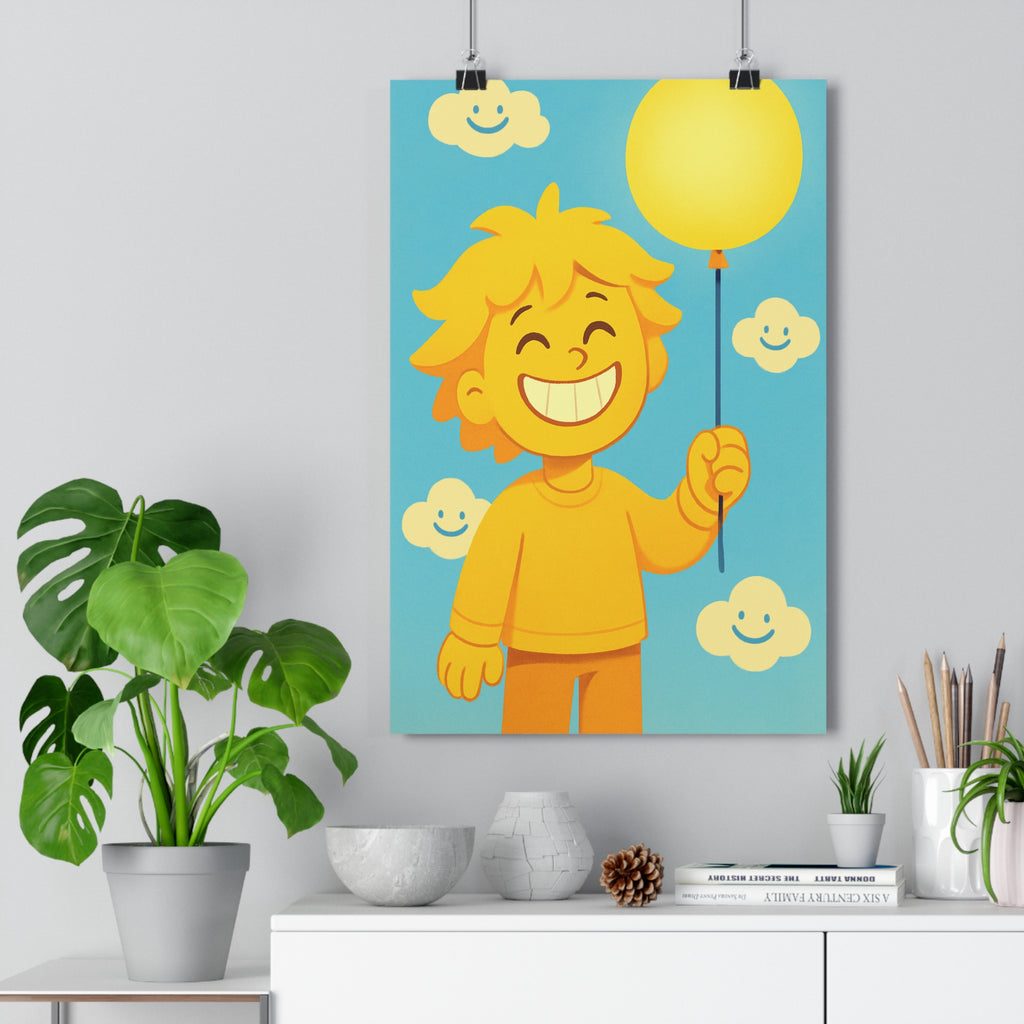 Poster décoratif enfant jaune bleu pastel cartoon joyeux nuages souriants chambre bureau 30x46 cm