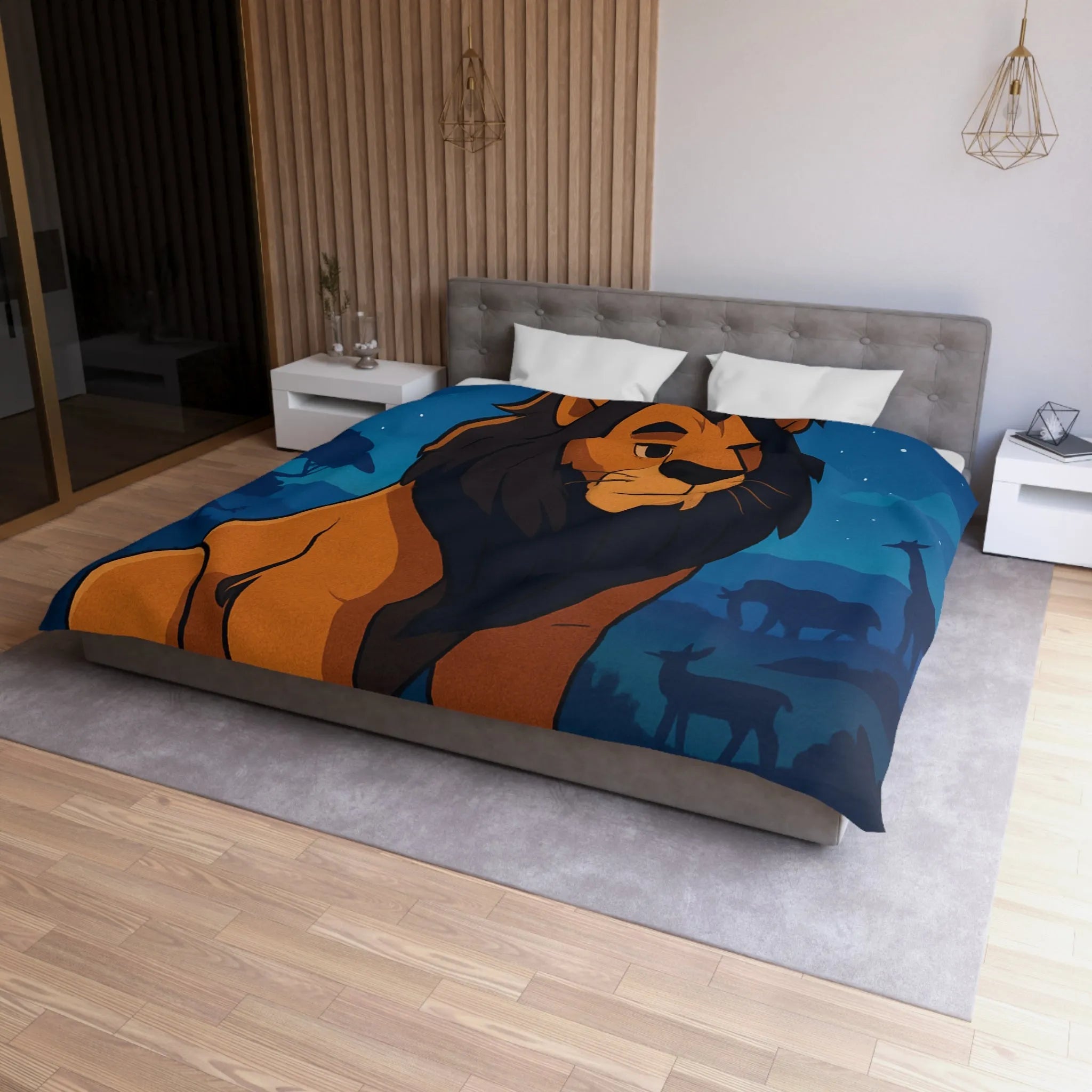 Housse de couette lion majestueux sous lune brillante pour chambre enfant rêveuse et aventurière
