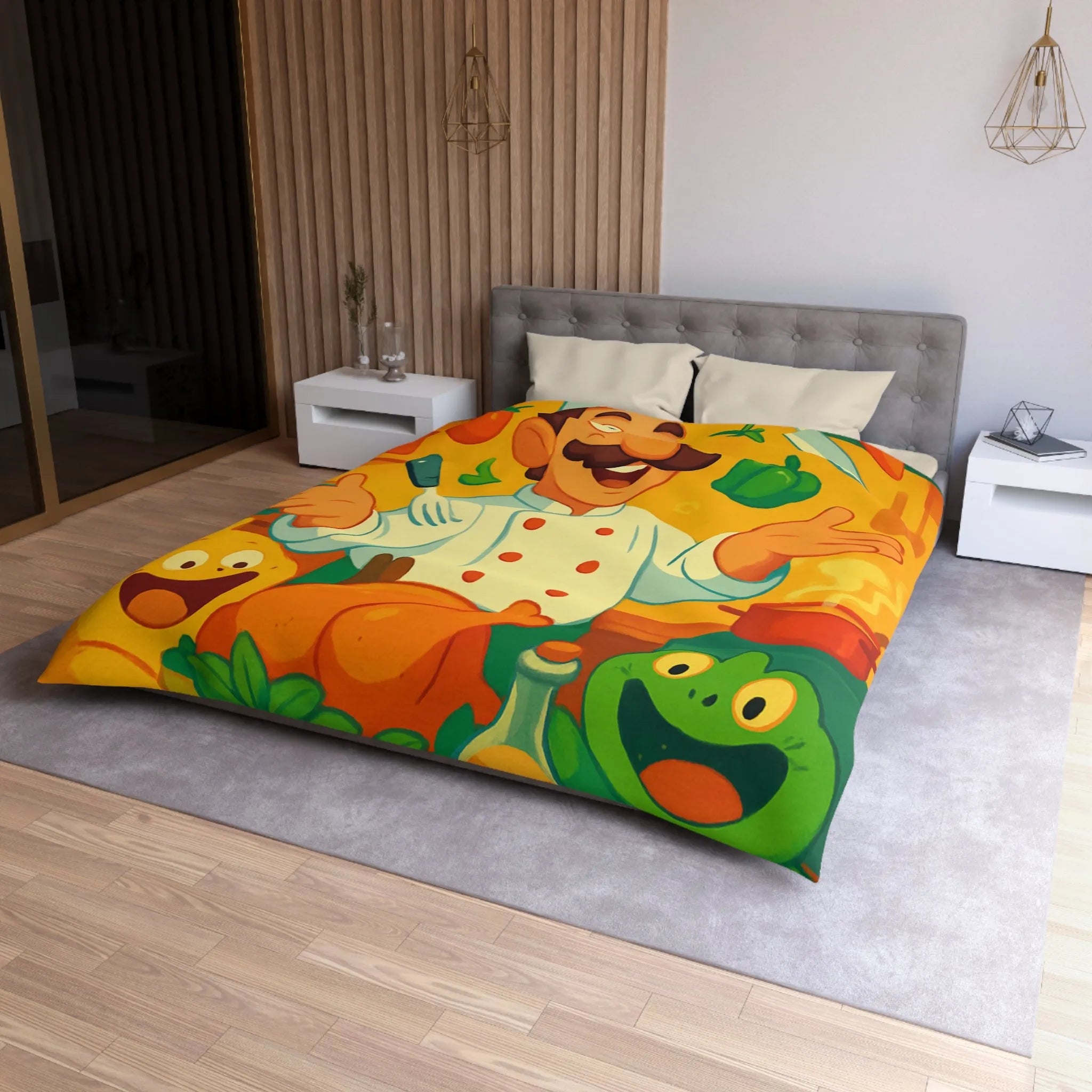 Housse de couette colorée avec chef animé, légumes et ustensiles pour enfants