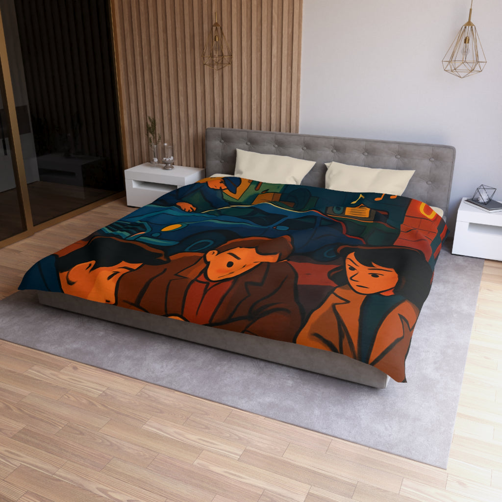 Housse de couette vintage ambiance atelier auto avec carte et personnages concentrés