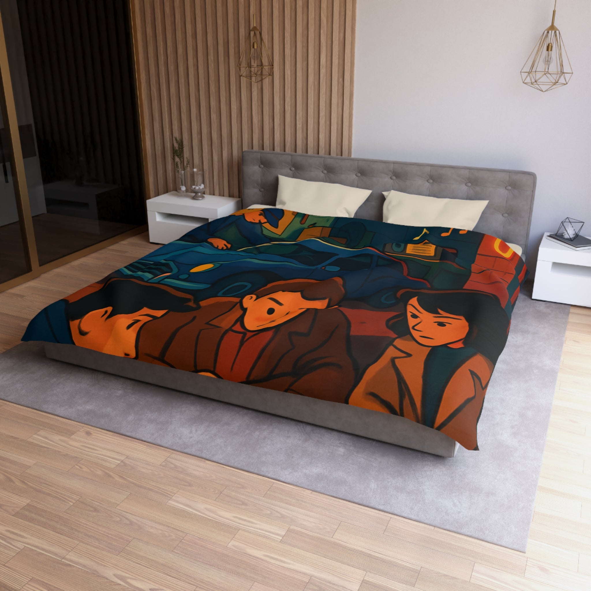 Housse de couette vintage ambiance atelier auto avec carte et personnages concentrés