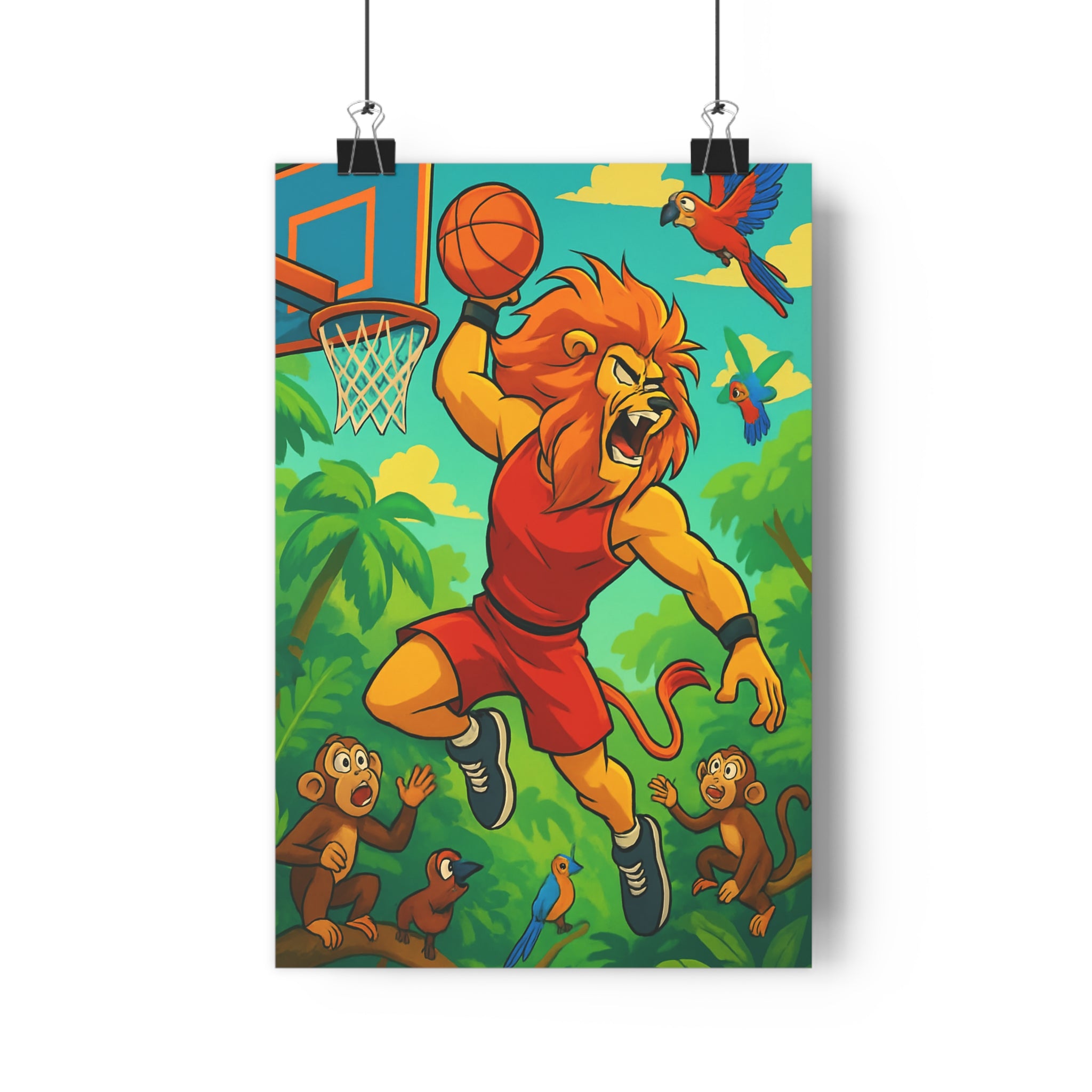 Poster décoratif lion cartoon jungle vert rouge bleu chambre enfant joyeux dynamique 30x46 cm
