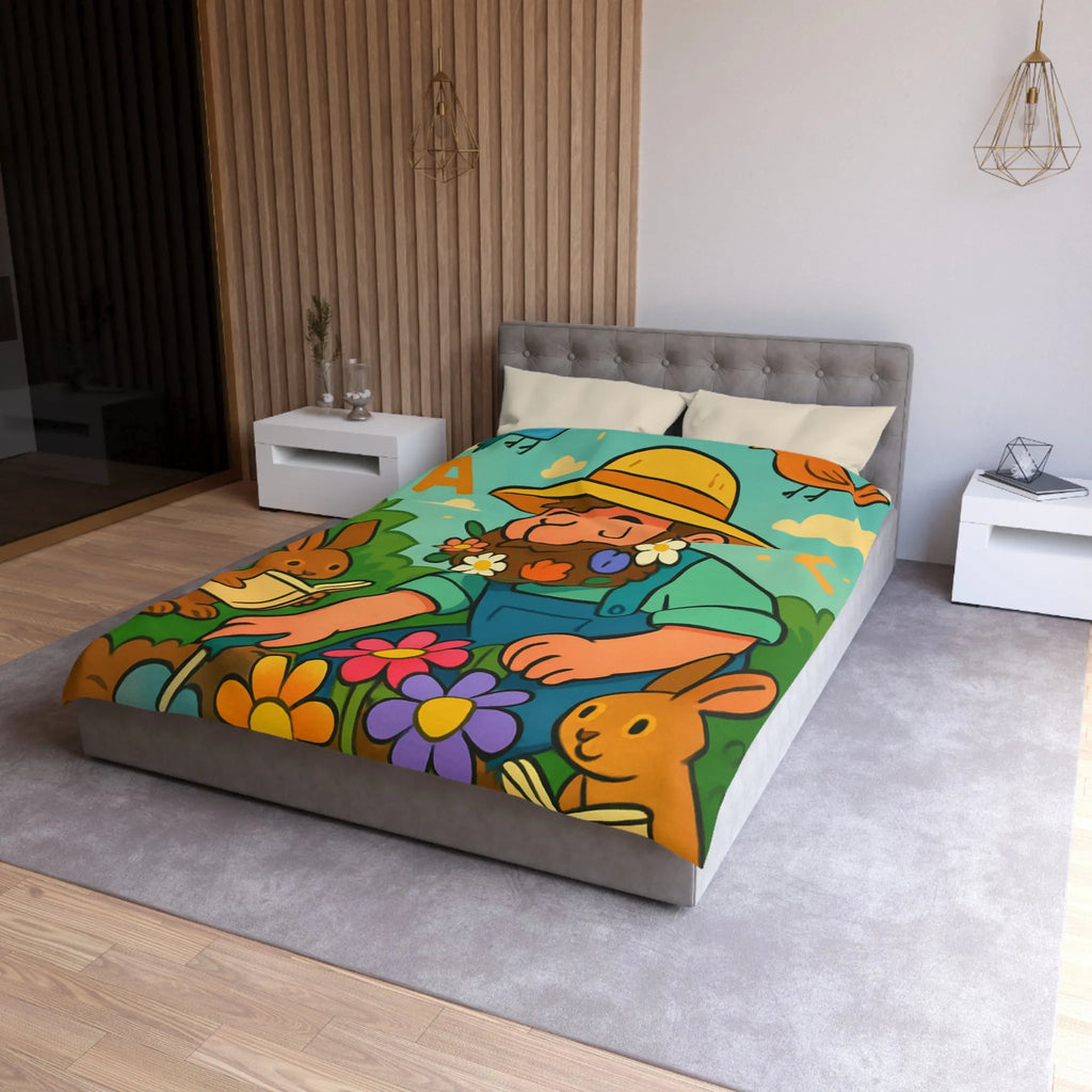 Housse de couette jardin enchanté avec fleurs, lapins et oiseaux colorés pour enfants