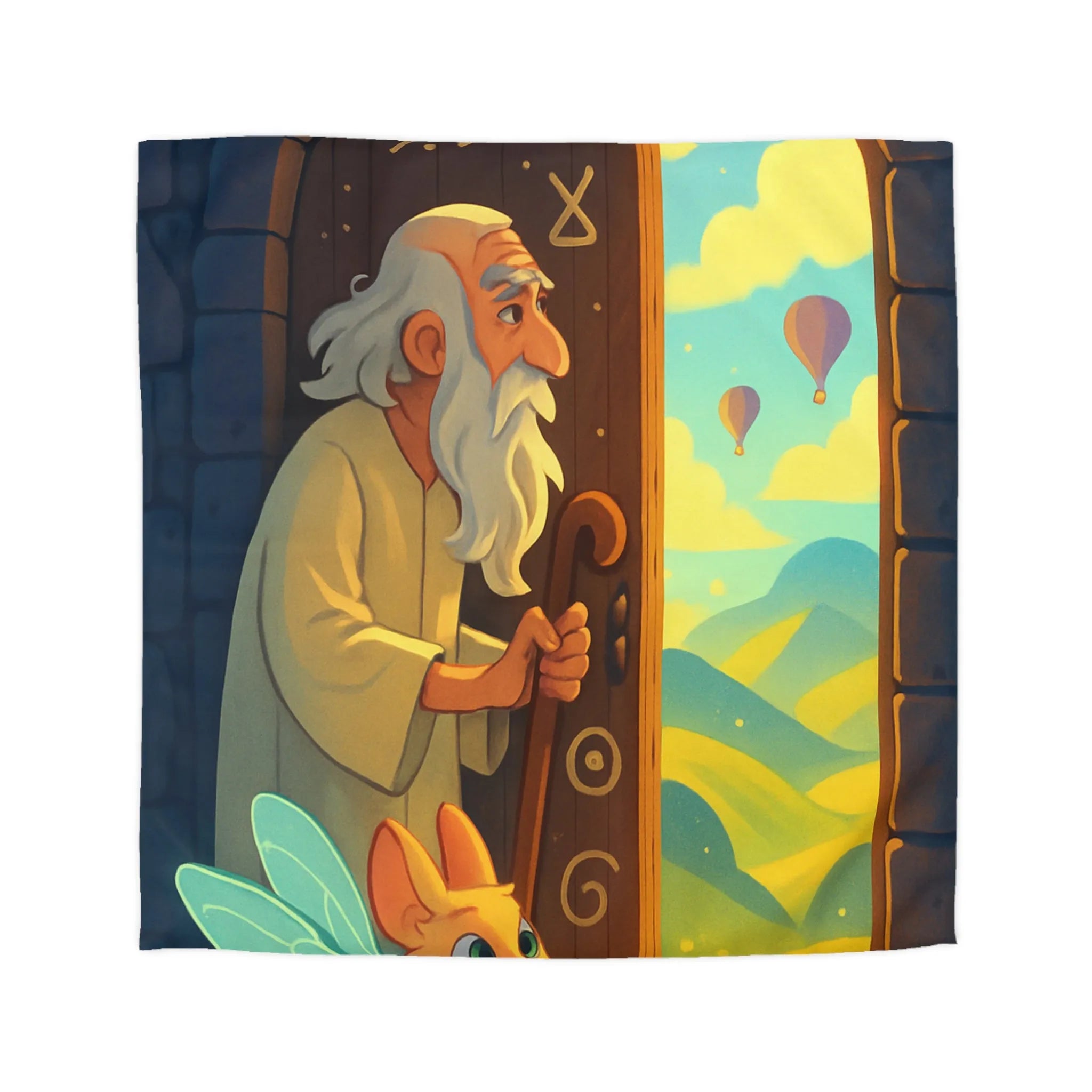 Housse de Couette Fantastique avec Ancien Sage et Paysage Magique Étoilé Soufflant