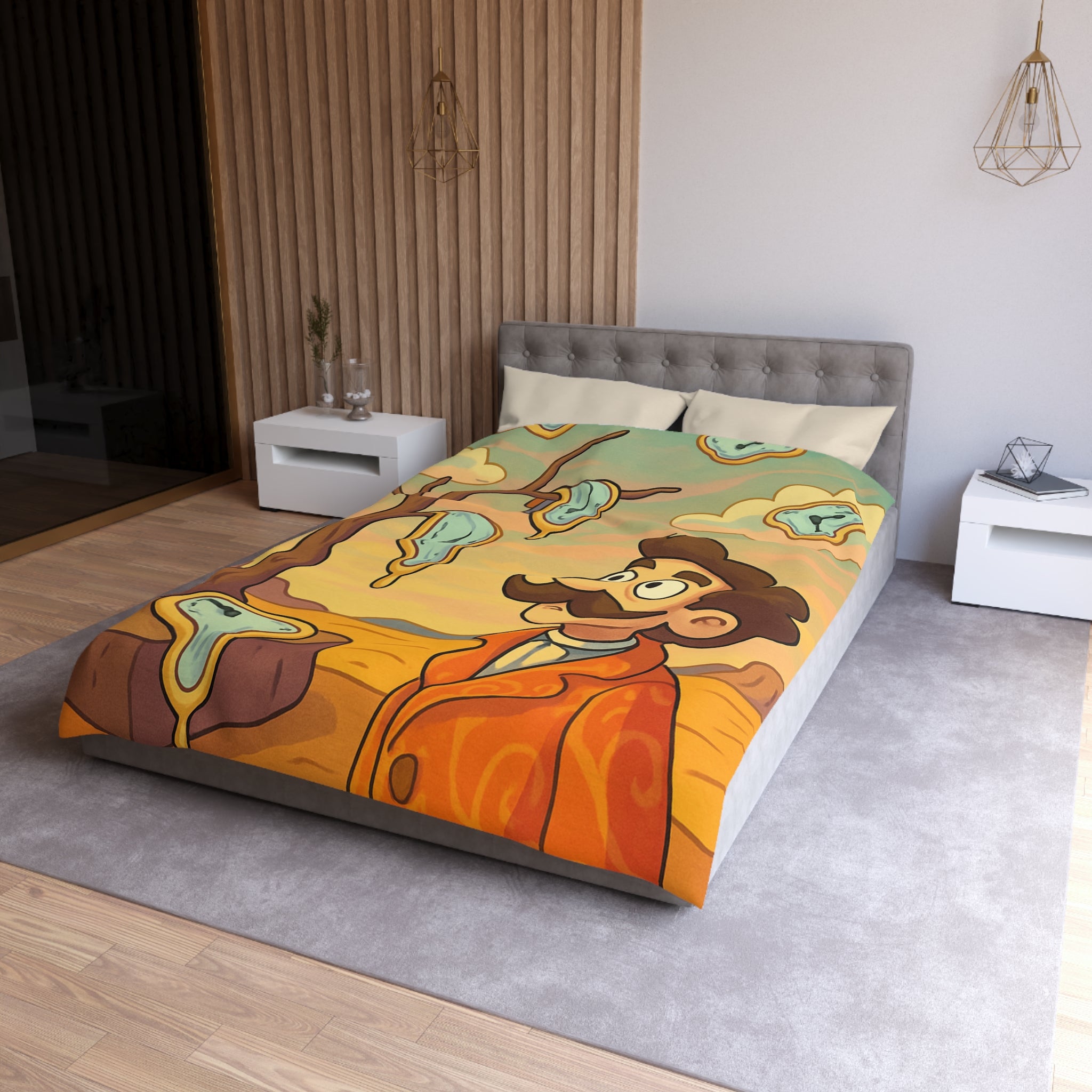 Housse de couette style surréaliste avec montres molles et paysage désertique vibrant