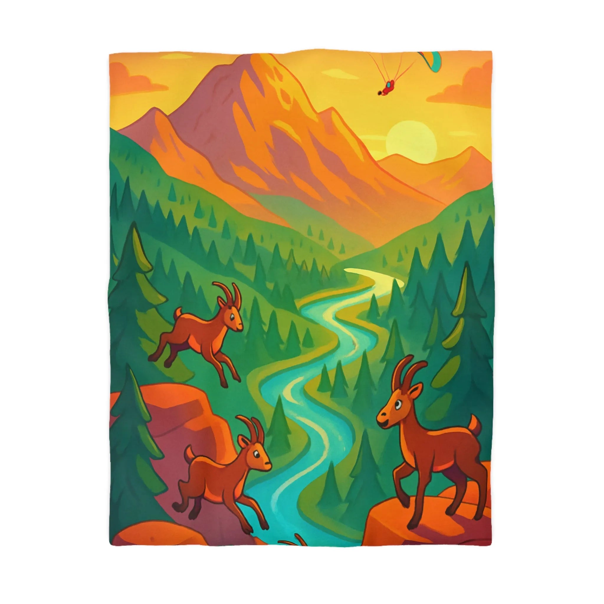 Housse de couette colorée avec paysage montagneux, bouquetins, et parapente joyeux