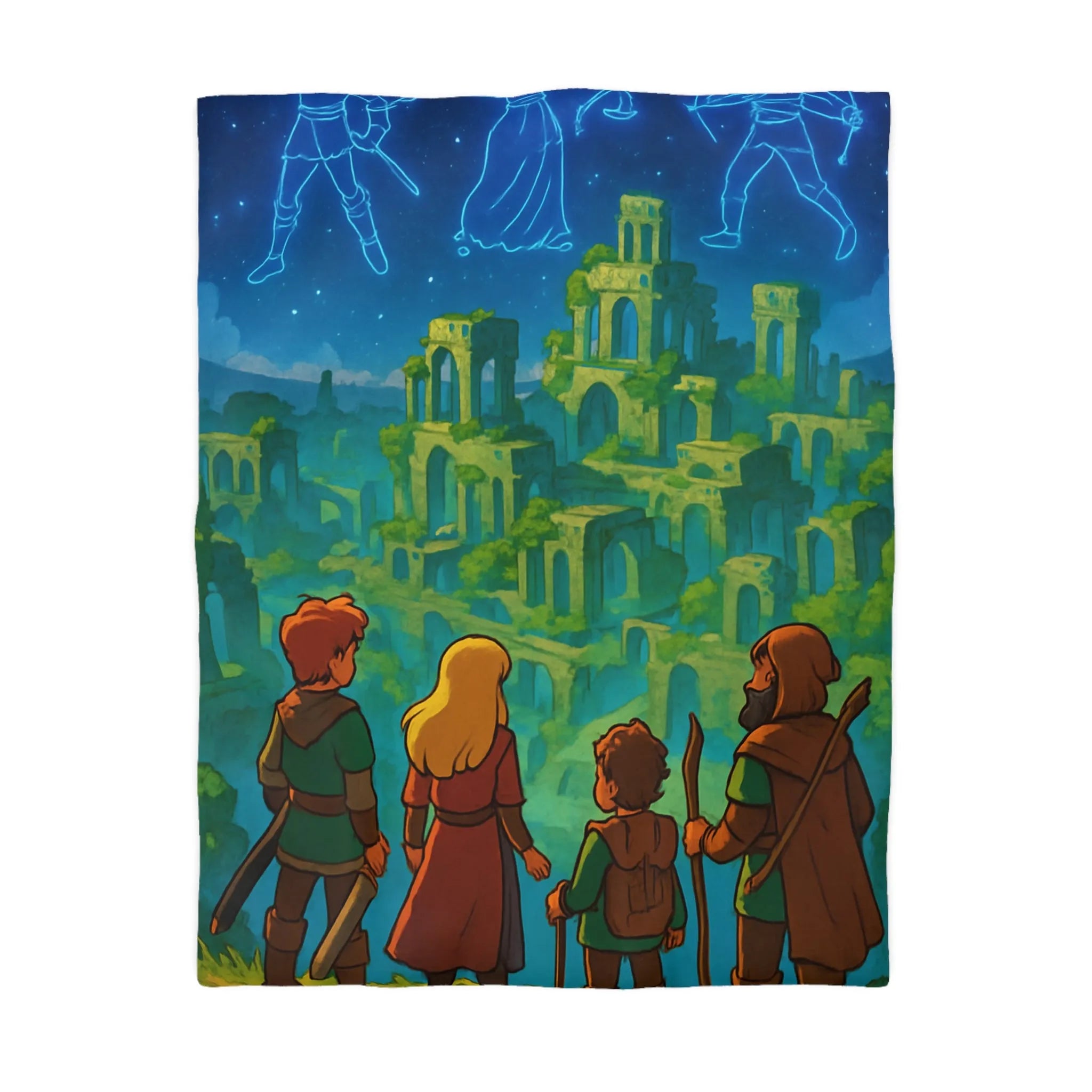 Housse de couette épique aventure héros, ruines magiques sous ciel étoilé lumineux