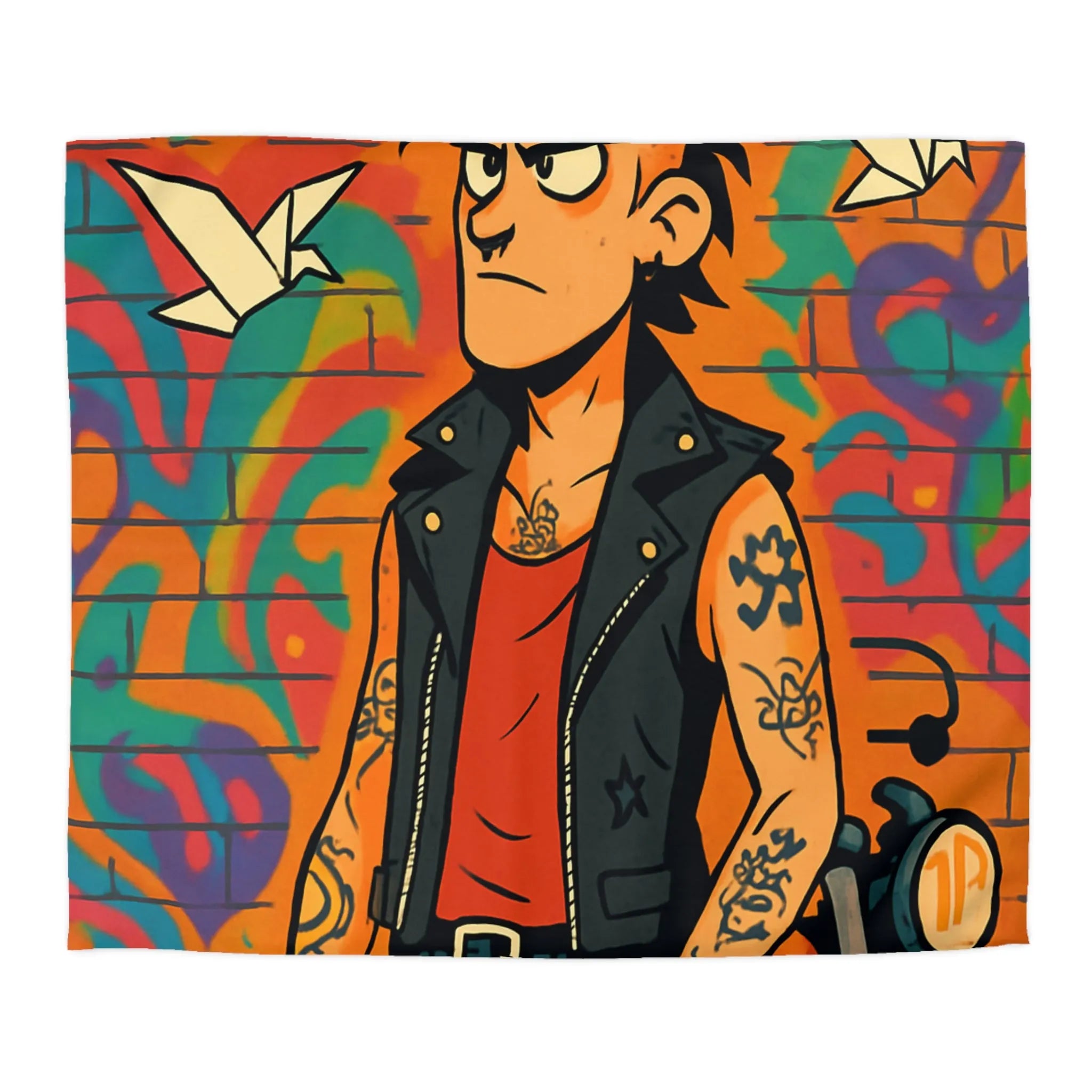 Housse de couette avec imprimé punk, moto et graffitis, ambiance urbaine colorée