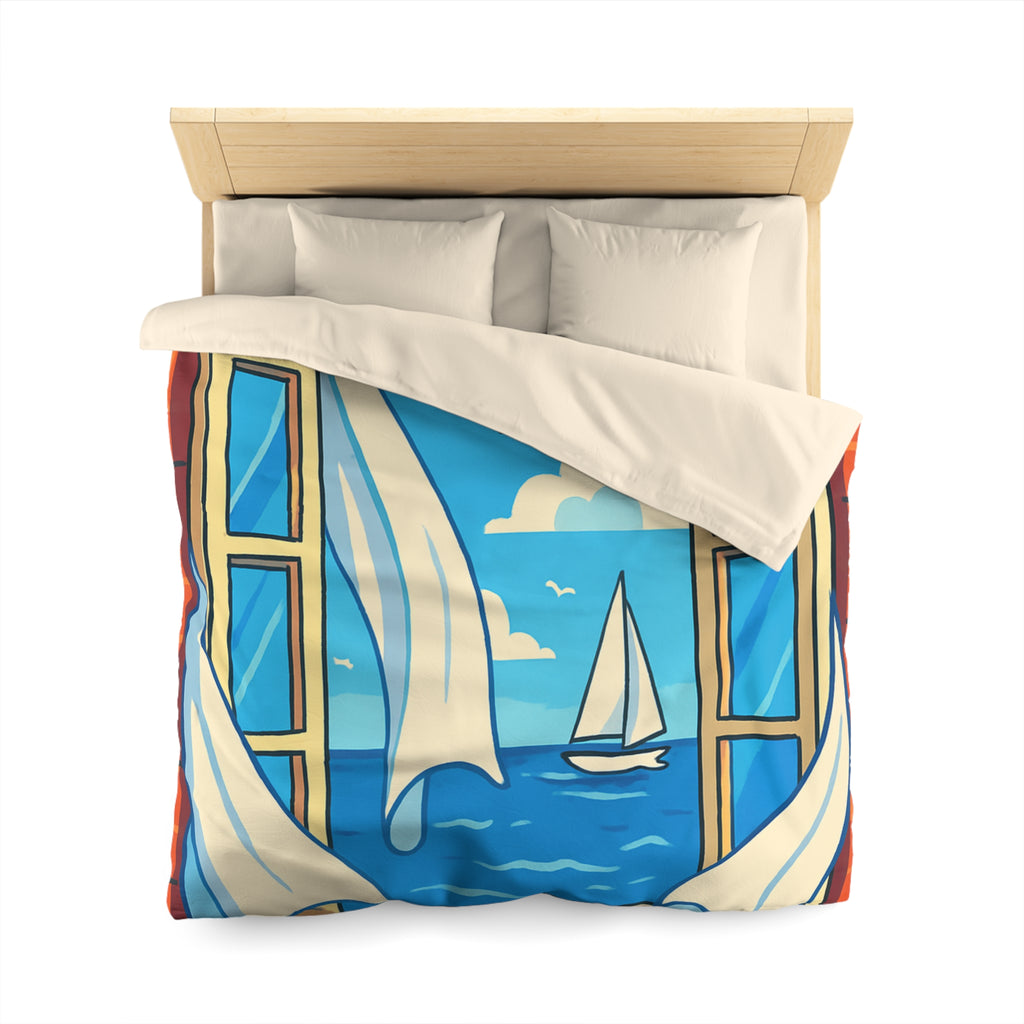 Housse de couette paysage marin fenêtre ouverte, voilier et ciel bleu serein