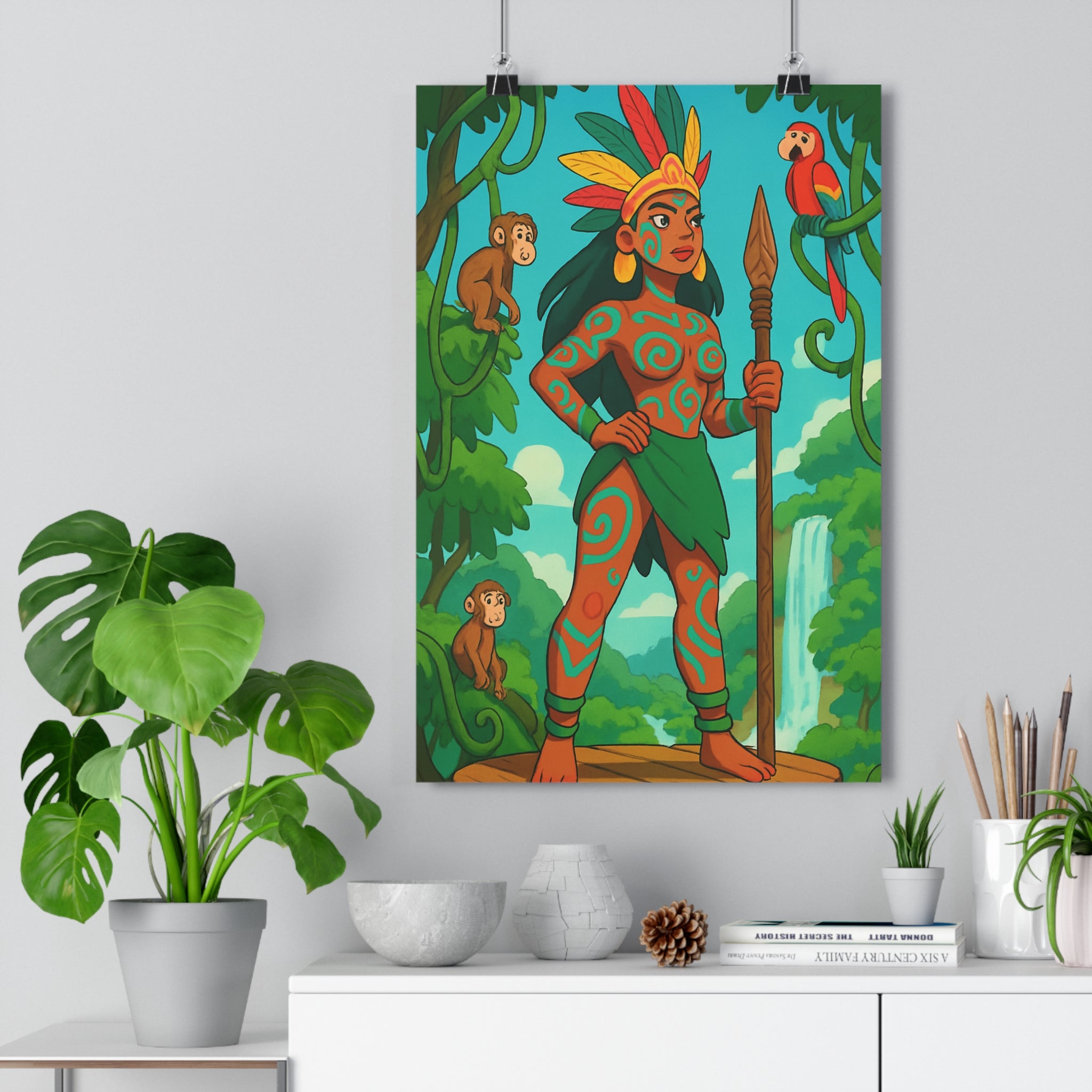 Poster décoratif jungle mystique turquoise vibrante cartoon aventure salon chambre couleurs nature exotique qualité
