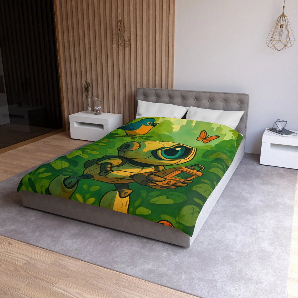 Housse de couette ludique avec robot curieux dans une forêt verdoyante et magique