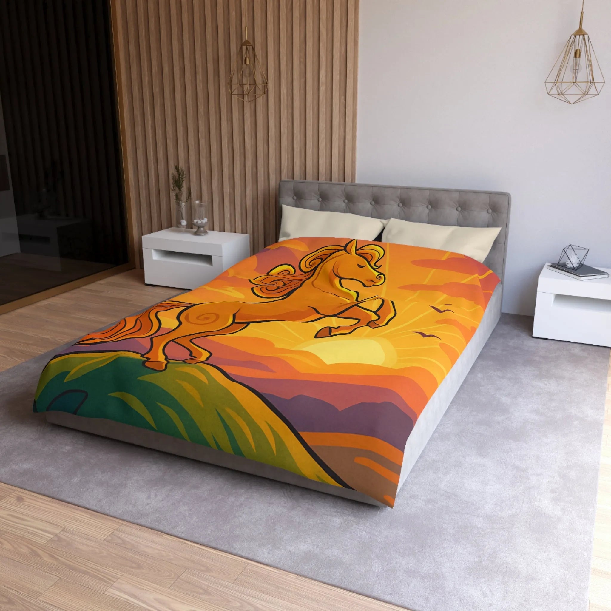 Housse de Couette Équestre Colorée : Cheval Cabré au Coucher de Soleil Artistique