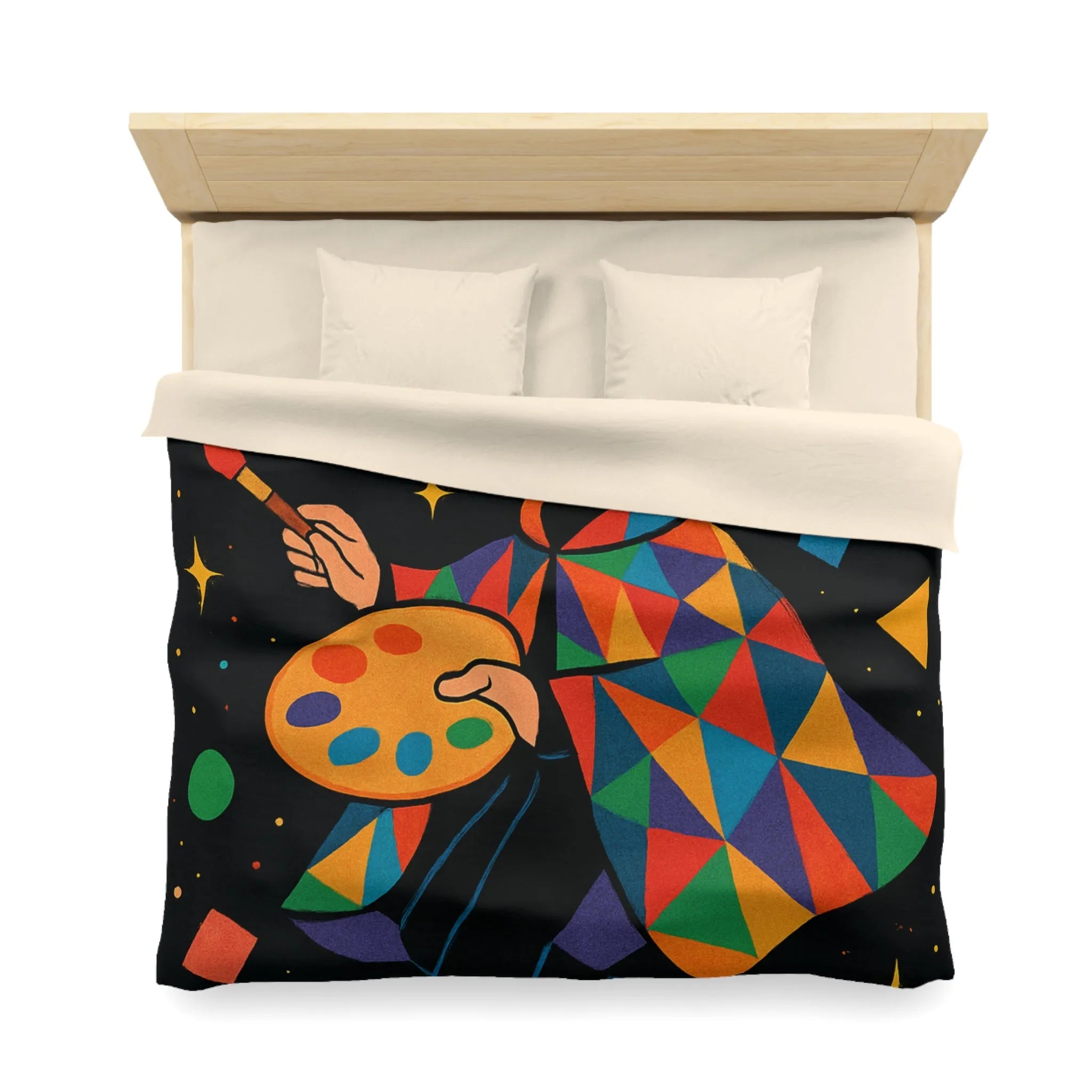 Housse de couette artiste colorée avec motifs géométriques et ciel étoilé magique