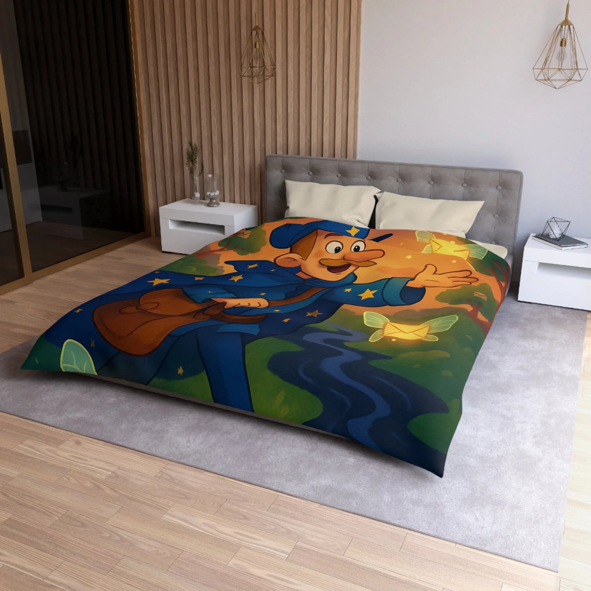 Housse de Couette Enfantine Magique Forêt Ambiance Nocturne Étoiles Arborées Postier Joyeux