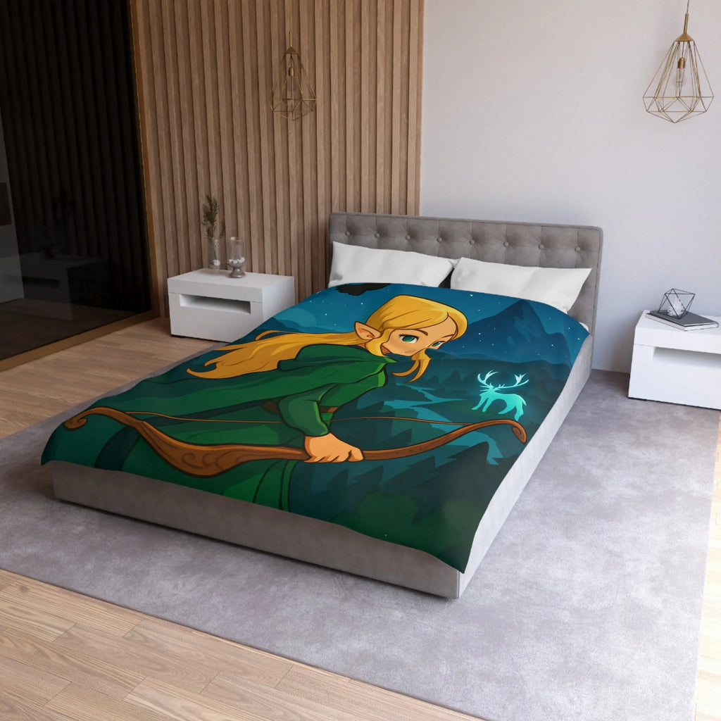Housse de couette avec elfe archère, cerf lumineux, forêt montagneuse et ciel étoilé