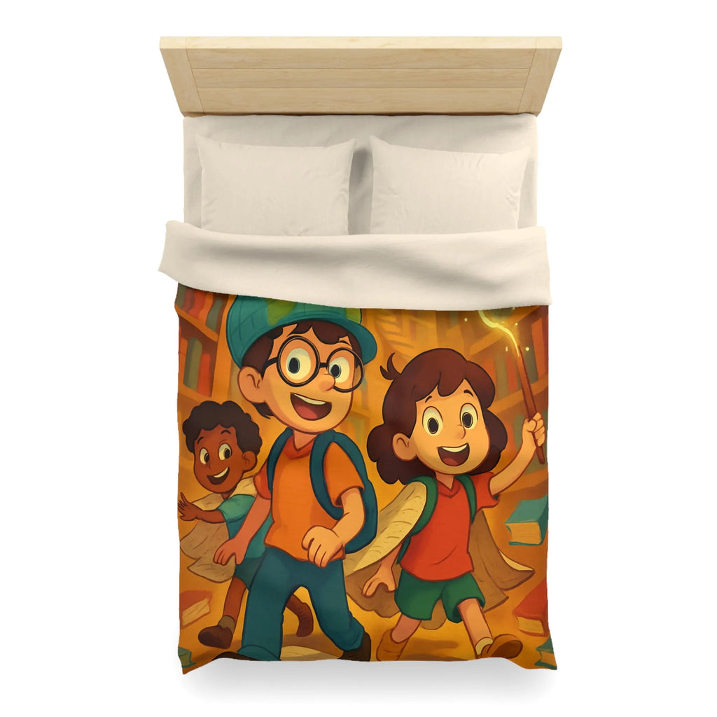 Housse de couette magique avec enfants explorant une bibliothèque enchantée et livres volants