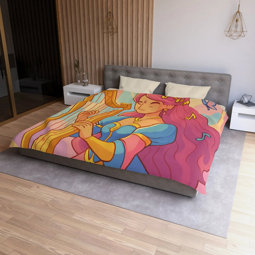 Housse de Couette Magique Princesse Jouant Harpe avec Oiseaux et Papillons Colorés