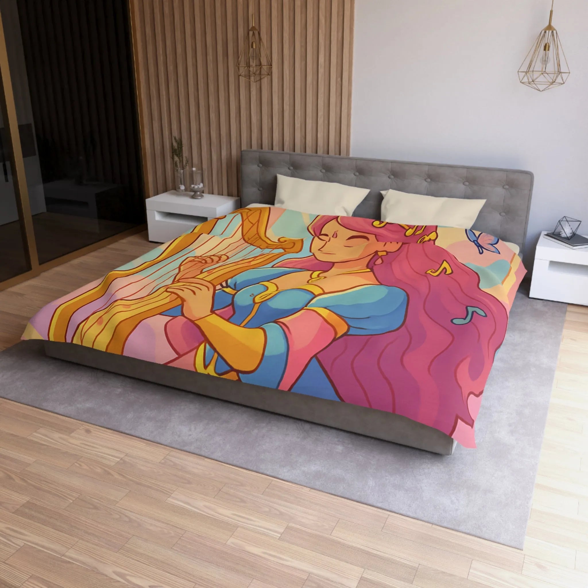 Housse de Couette Magique Princesse Jouant Harpe avec Oiseaux et Papillons Colorés