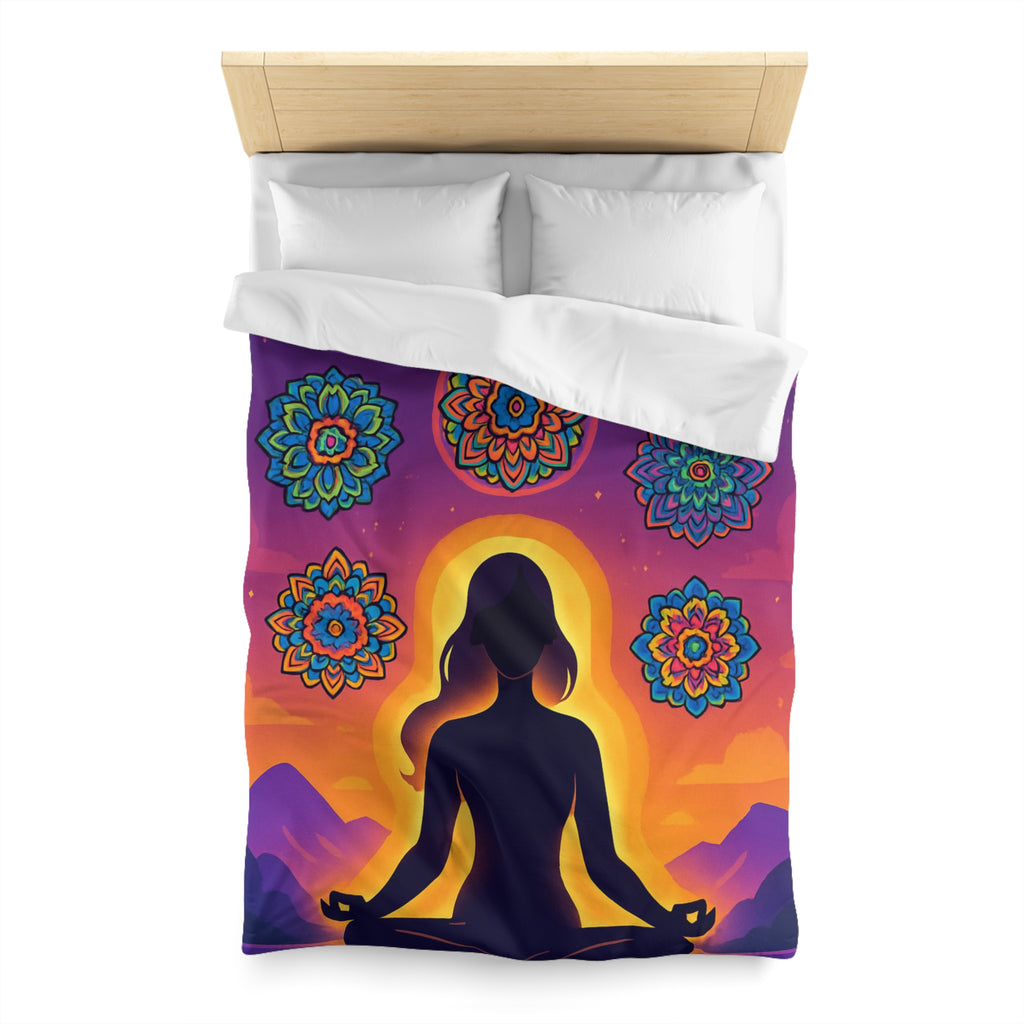 Paisible méditation silhouettée avec mandalas colorés et paysage crépusculaire serein et enchanteur