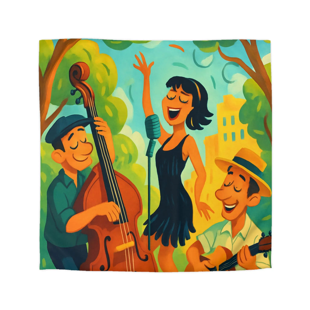 Housse de couette colorée avec scène musicale rétro dans un parc ensoleillé