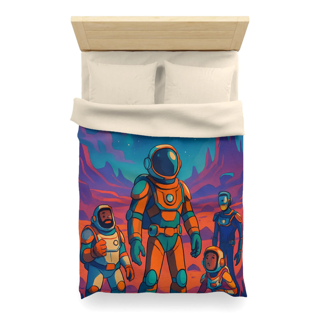 Housse de couette avec des astronautes et formes géométriques sous ciel étoilé coloré